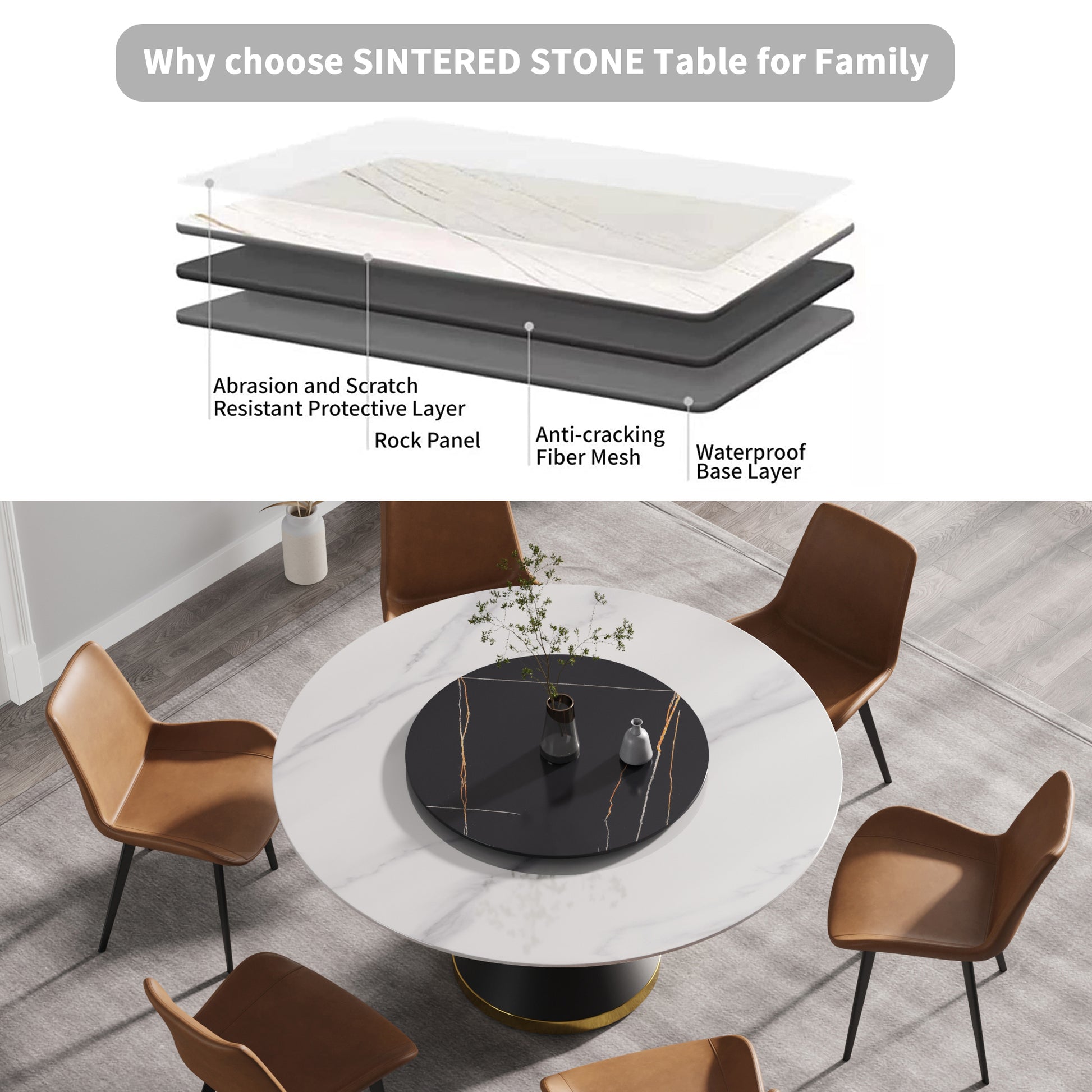 59.05"Modern Artificial Stone Round Black Carbon Steel Base Dining Table Can Accommodate 6 People 31.5"Black Artificial Stone Turntable White Black Metal Marble