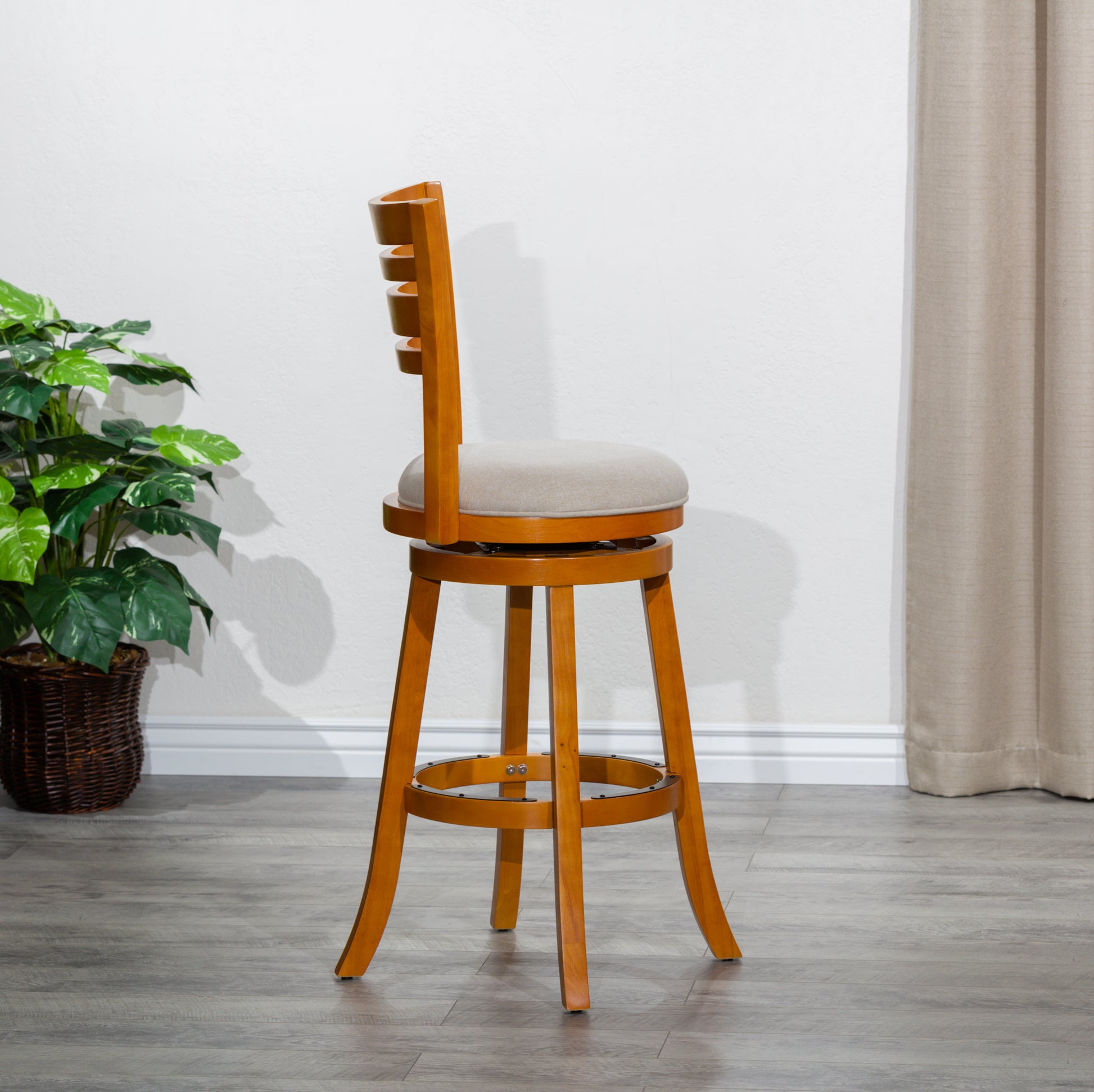 30" Bar Height Slat Back Swivel Stool, Natural Finish, Beige Fabric Seat Natural Fabric