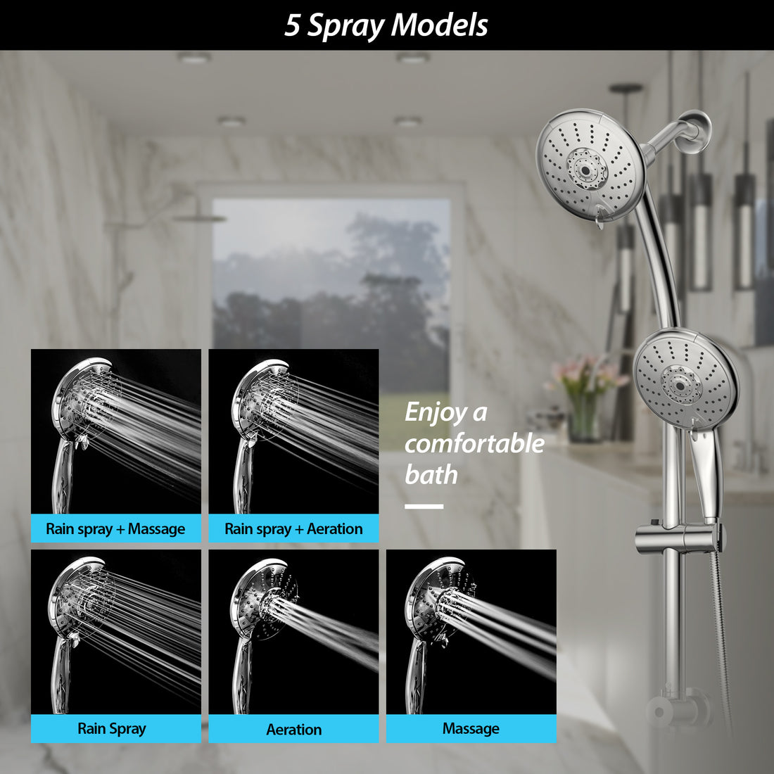 5" Multi Function Dual Shower Head, With Adjustable Slide Bar,Chrome Chrome Plastic