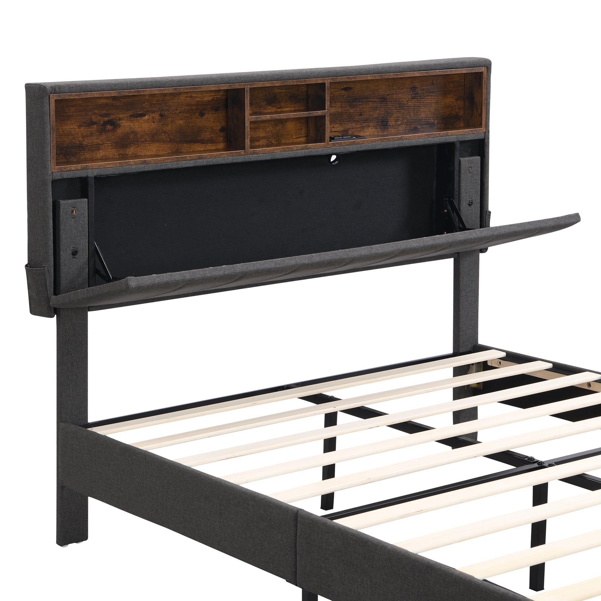 Full Size Upholstered Platform Bed With Storage Headboard And Usb Port, Linen Fabric Upholstered Bed Gray Gray Linen