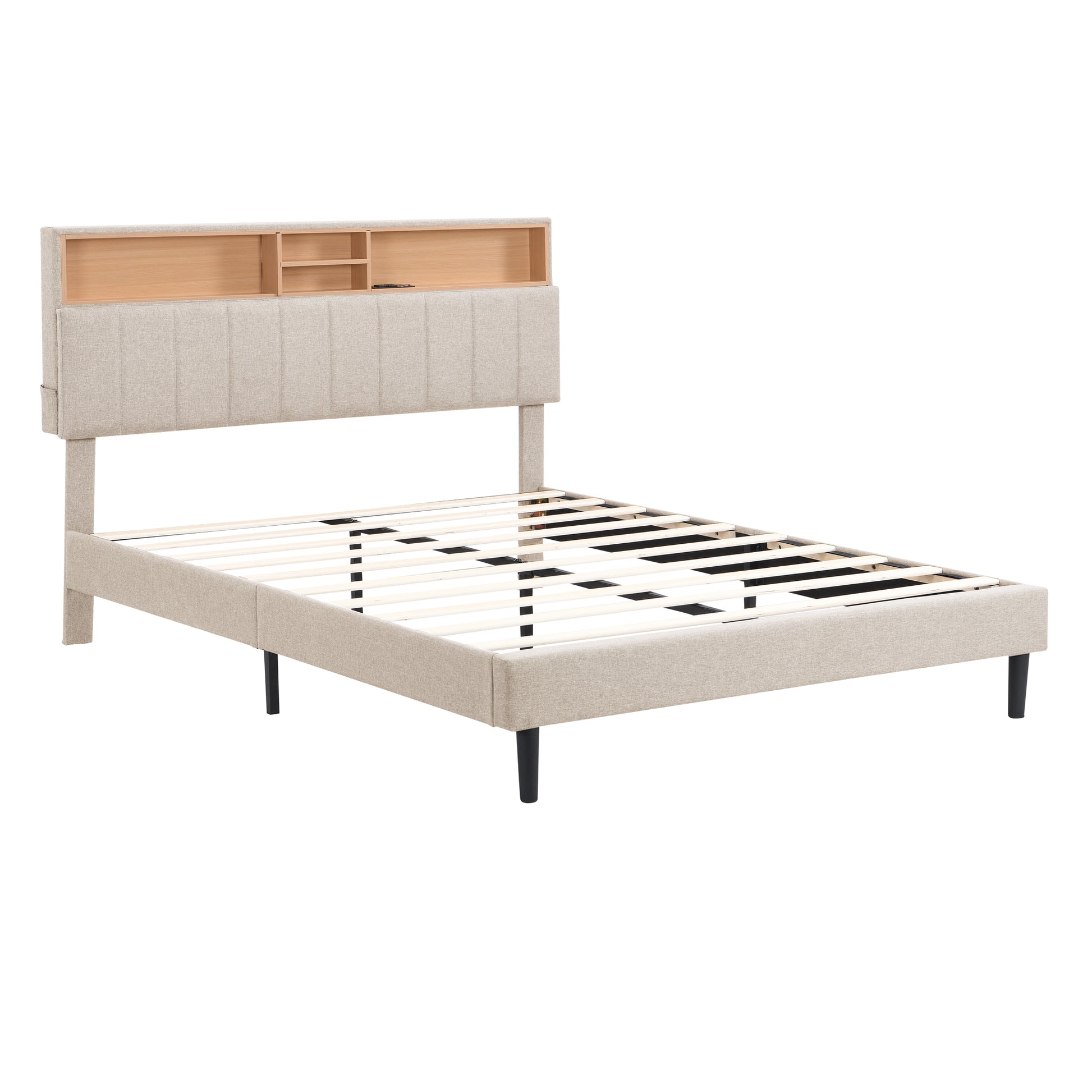 Queen Size Upholstered Platform Bed With Storage Headboard And Usb Port, Linen Fabric Upholstered Bed Beige Beige Linen