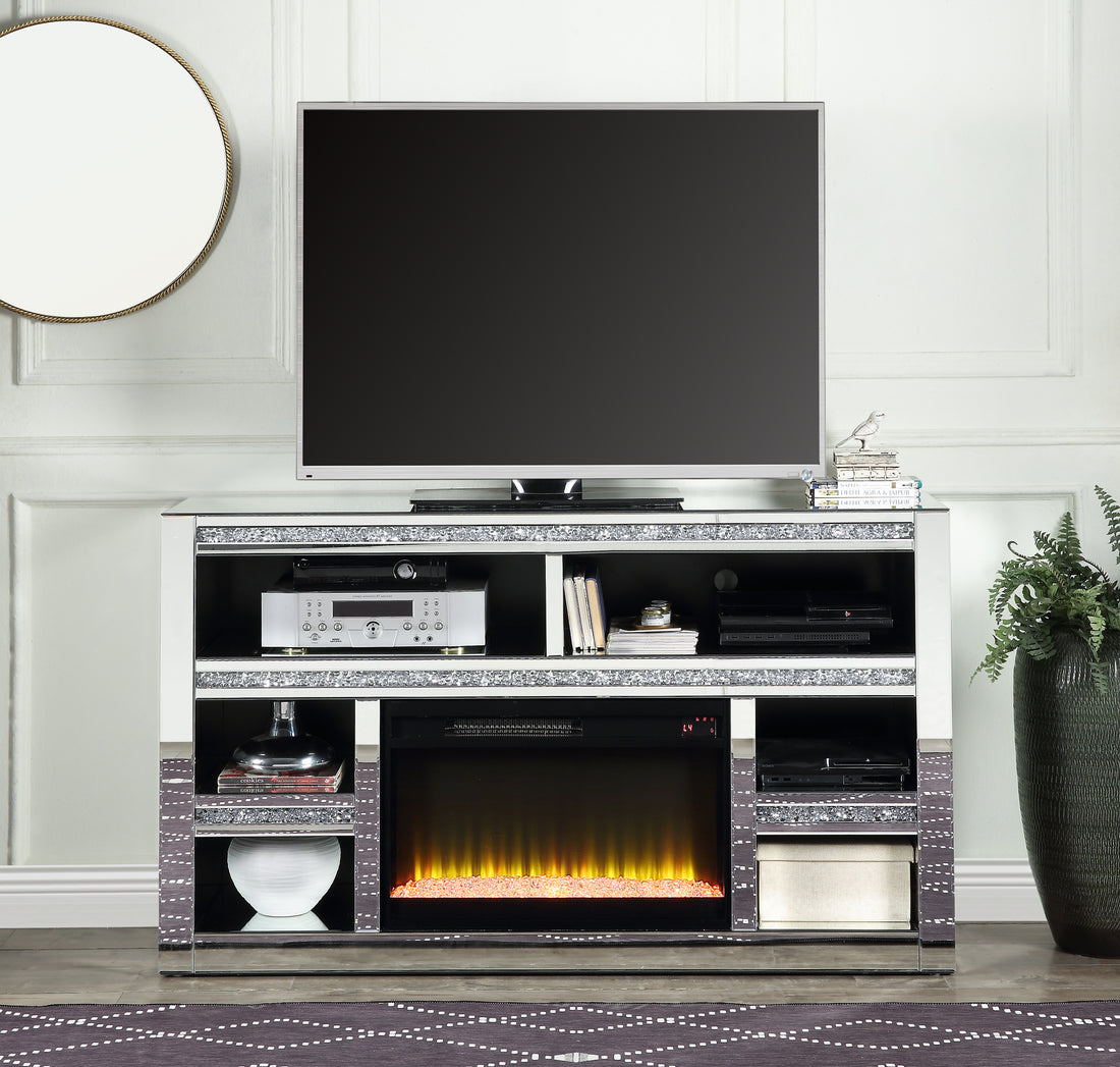 Noralie Tv Stand W Fireplace Mirrored & Faux Diamonds Lv00311 Silver Mdf