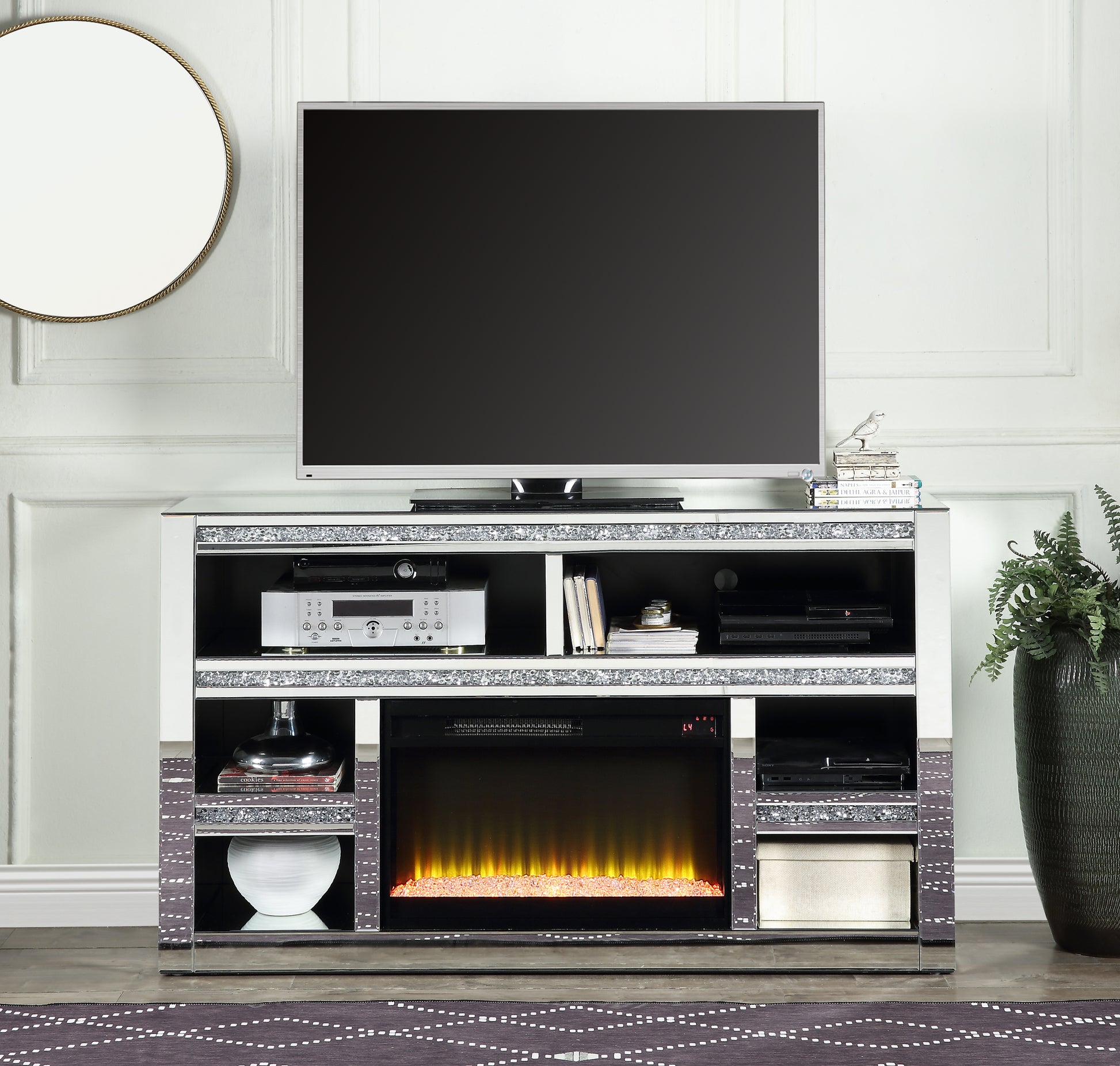 Noralie Tv Stand W Fireplace Mirrored & Faux Diamonds Lv00311 Silver Mdf