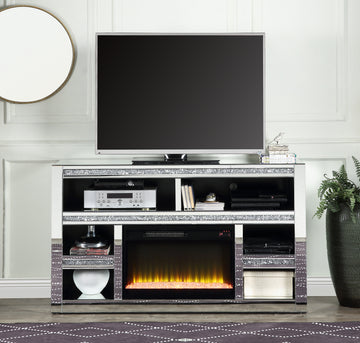 Noralie Tv Stand W Fireplace Mirrored & Faux Diamonds Lv00311 Silver Mdf