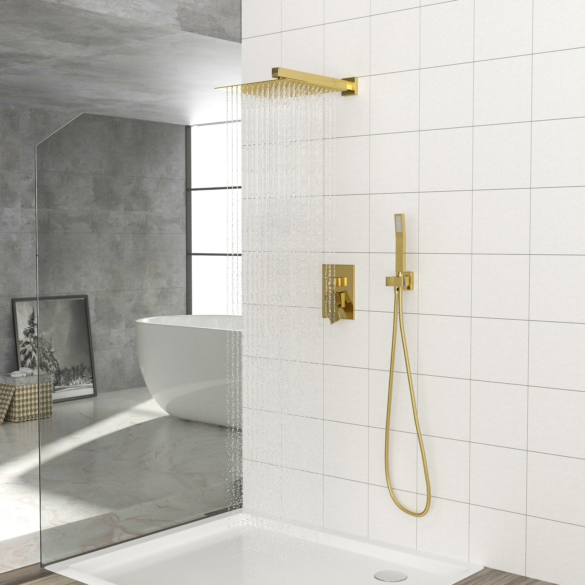 Dual Shower Head 12 Inch Wall Mounted Square Shower System With Rough In Valve,Gold Gold Stainless Steel