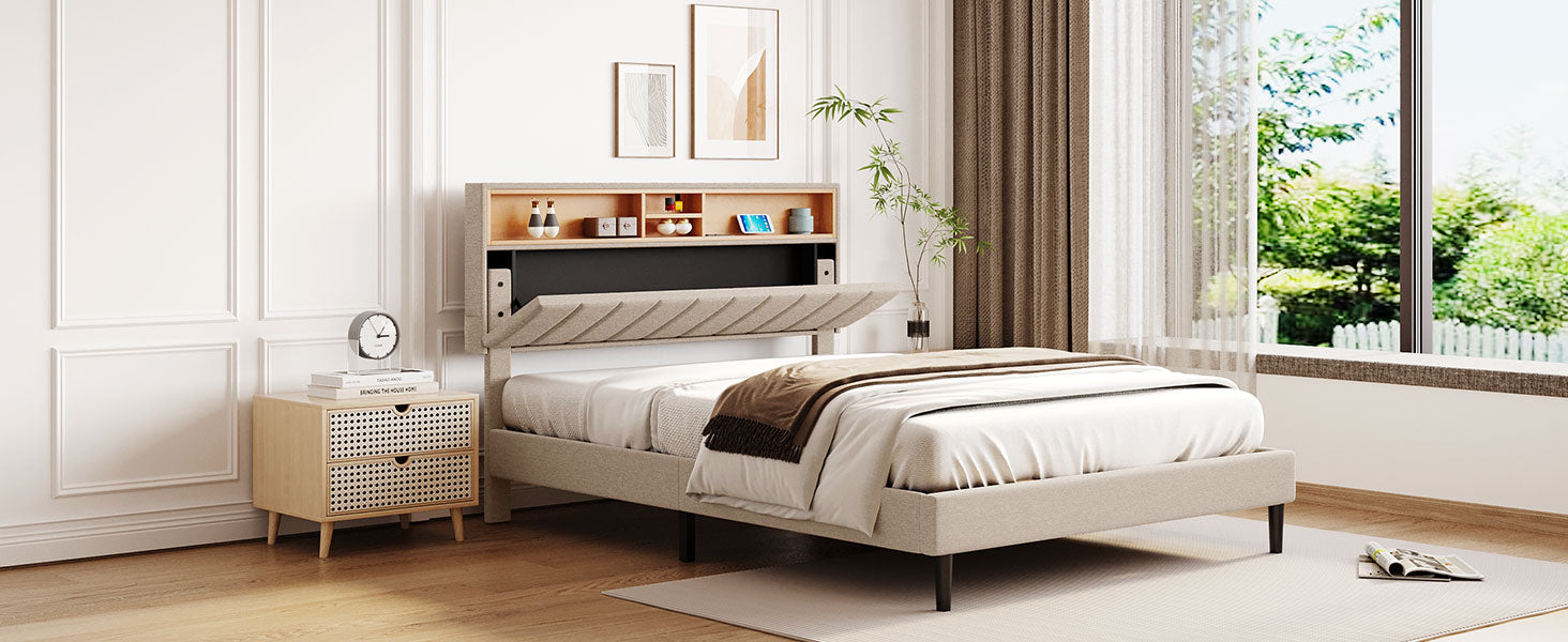 Queen Size Upholstered Platform Bed With Storage Headboard And Usb Port, Linen Fabric Upholstered Bed Beige Beige Linen