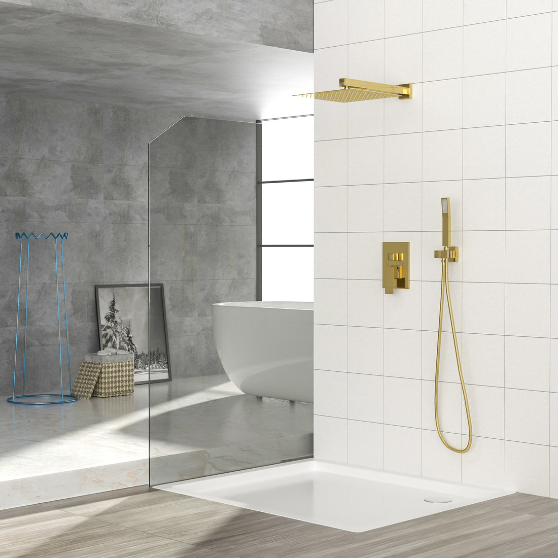 Dual Shower Head 12 Inch Wall Mounted Square Shower System With Rough In Valve,Gold Gold Stainless Steel