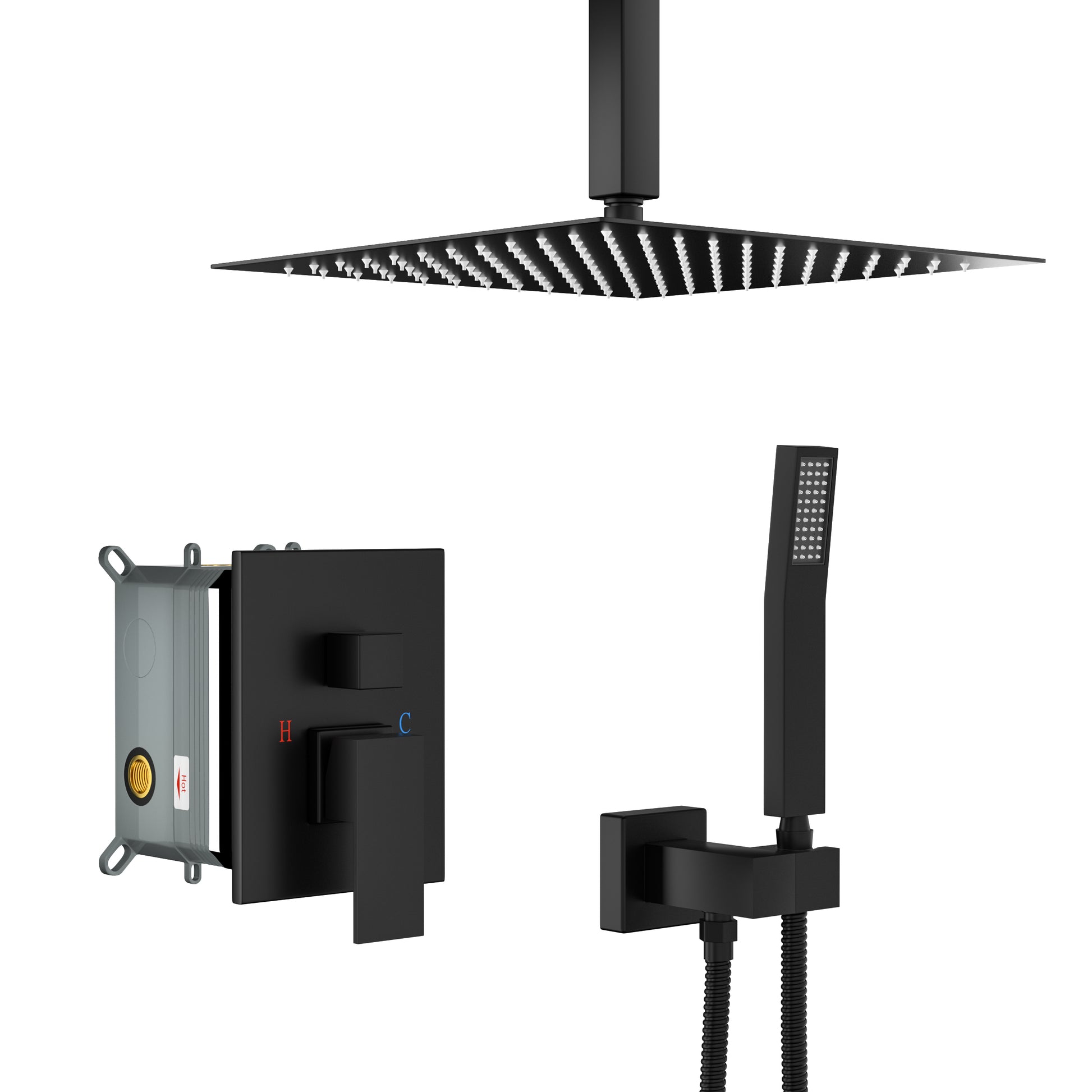 Dual Shower Head 10 Inch Ceiling Mount Square Shower System With Rough In Valve,Matte Black Matte Black Stainless Steel