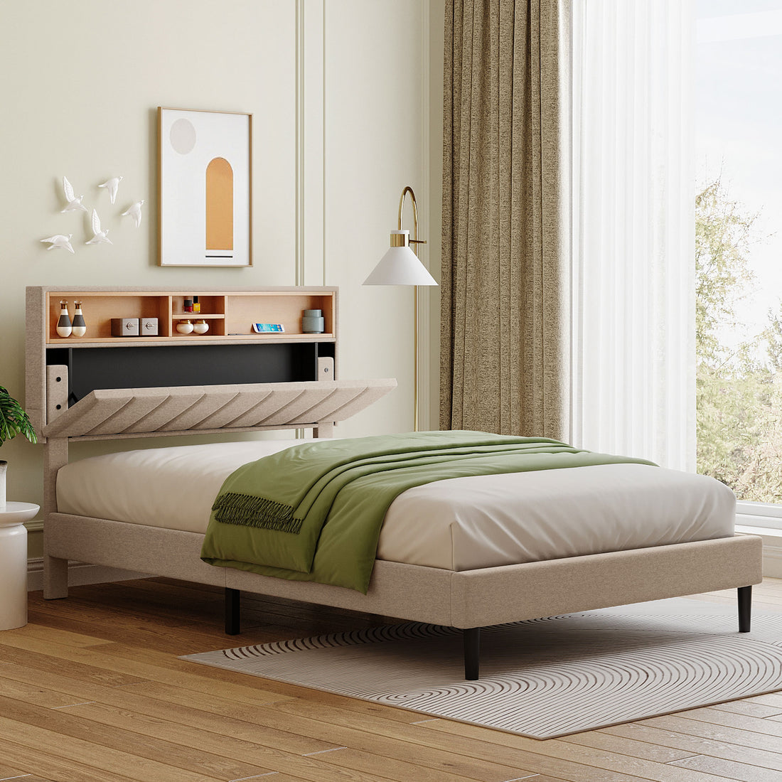 Full Size Upholstered Platform Bed With Storage Headboard And Usb Port, Linen Fabric Upholstered Bed Beige Beige Linen