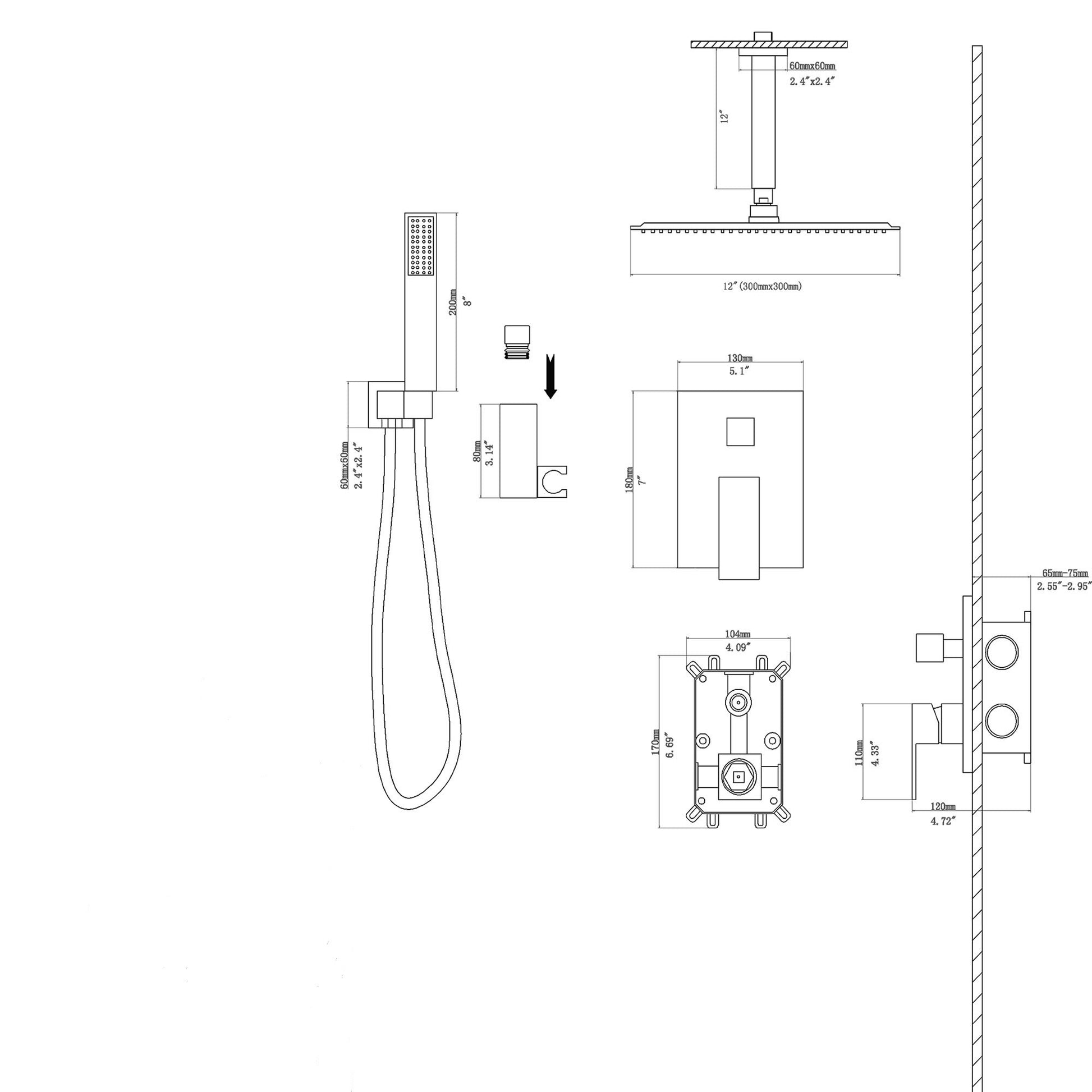 Dual Shower Head 12 Inch Ceiling Mount Square Shower System With Rough In Valve,Matte Black Matte Black Stainless Steel