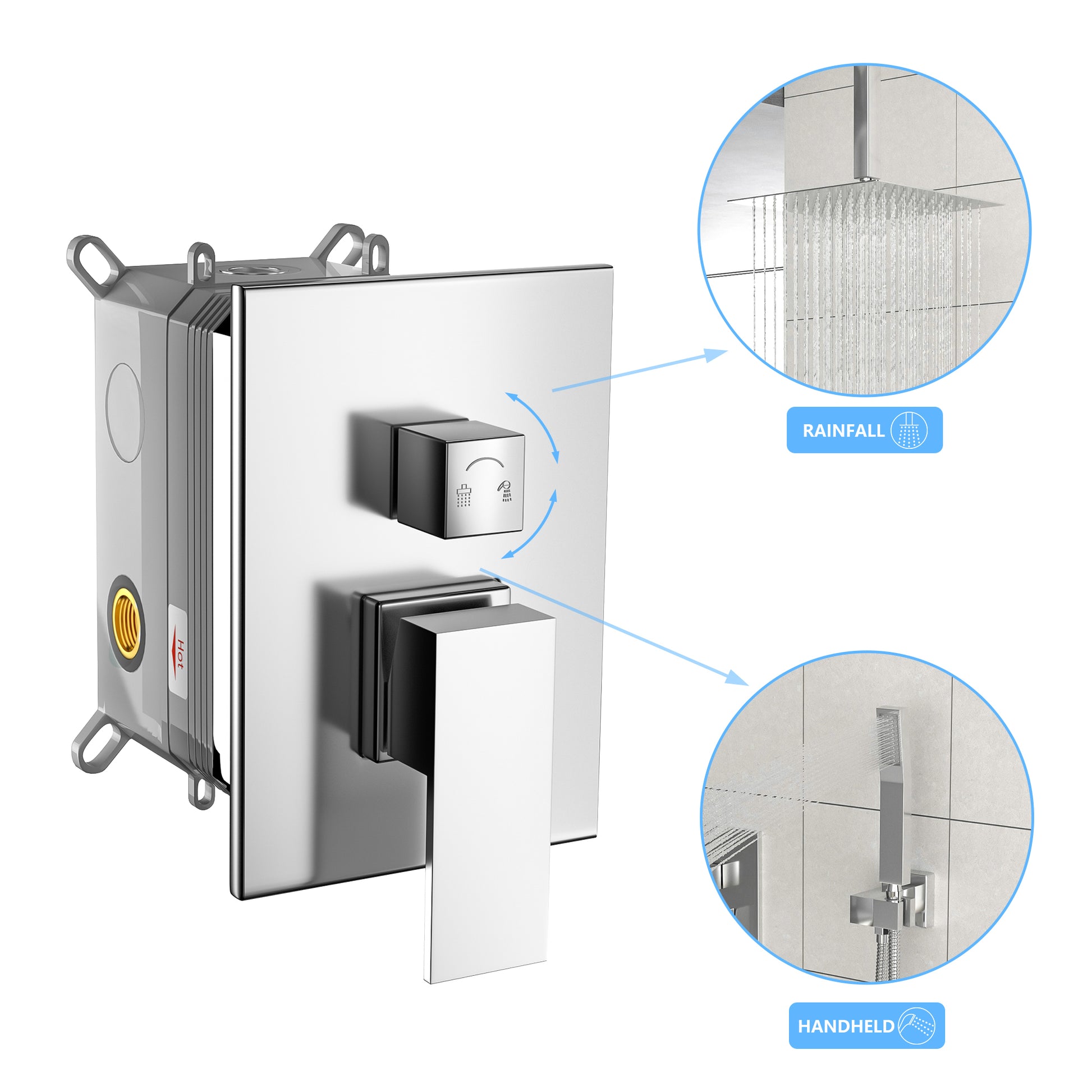 Dual Shower Head 12 Inch Ceiling Mount Square Shower System With Rough In Valve, Chrome Chrome Stainless Steel