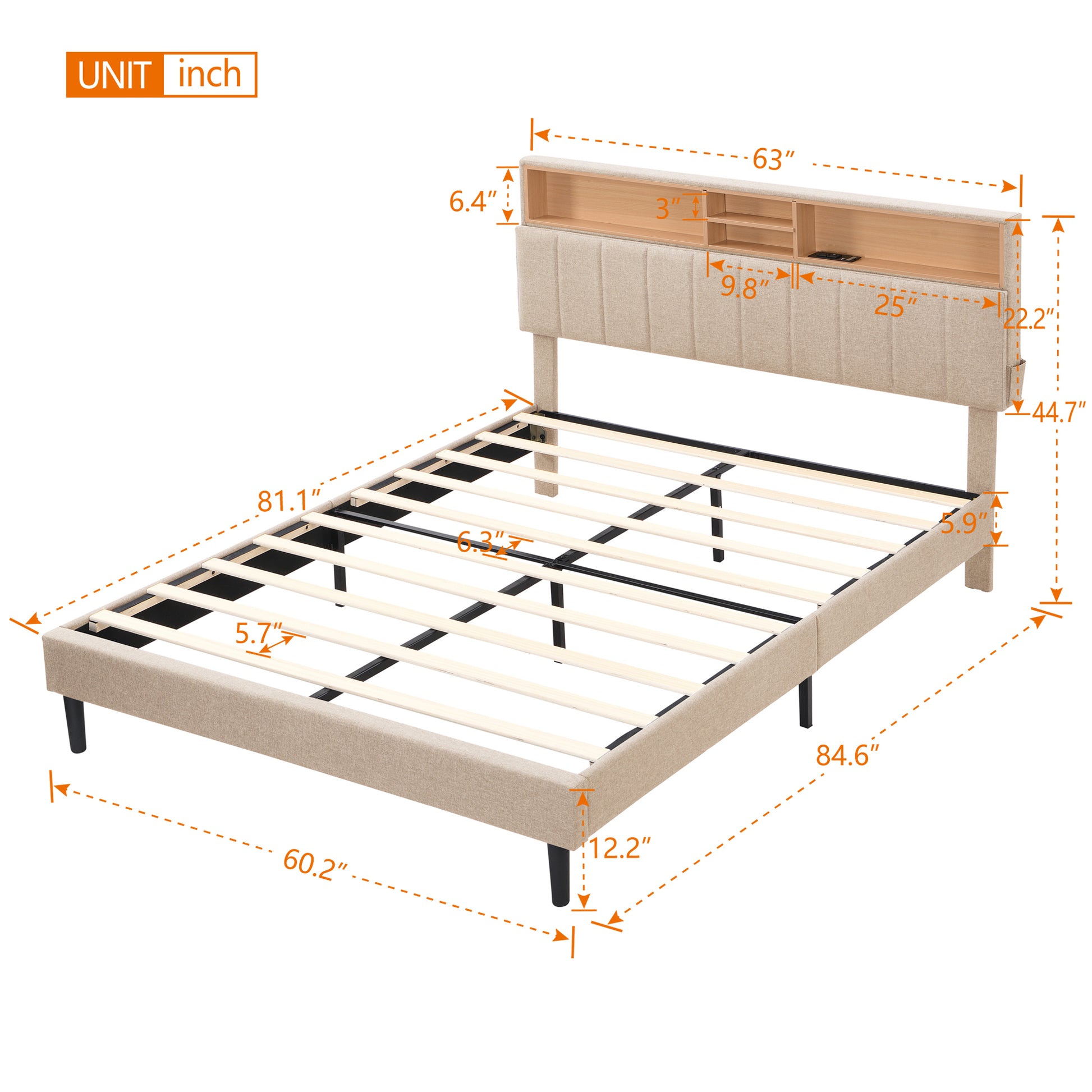 Queen Size Upholstered Platform Bed With Storage Headboard And Usb Port, Linen Fabric Upholstered Bed Beige Beige Linen