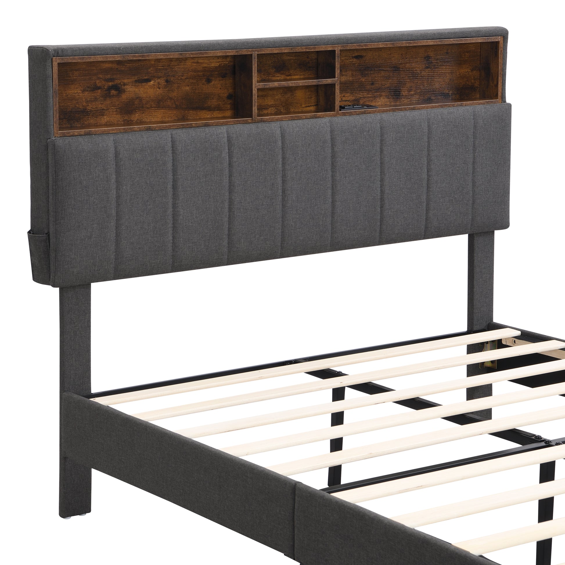 Full Size Upholstered Platform Bed With Storage Headboard And Usb Port, Linen Fabric Upholstered Bed Gray Gray Linen