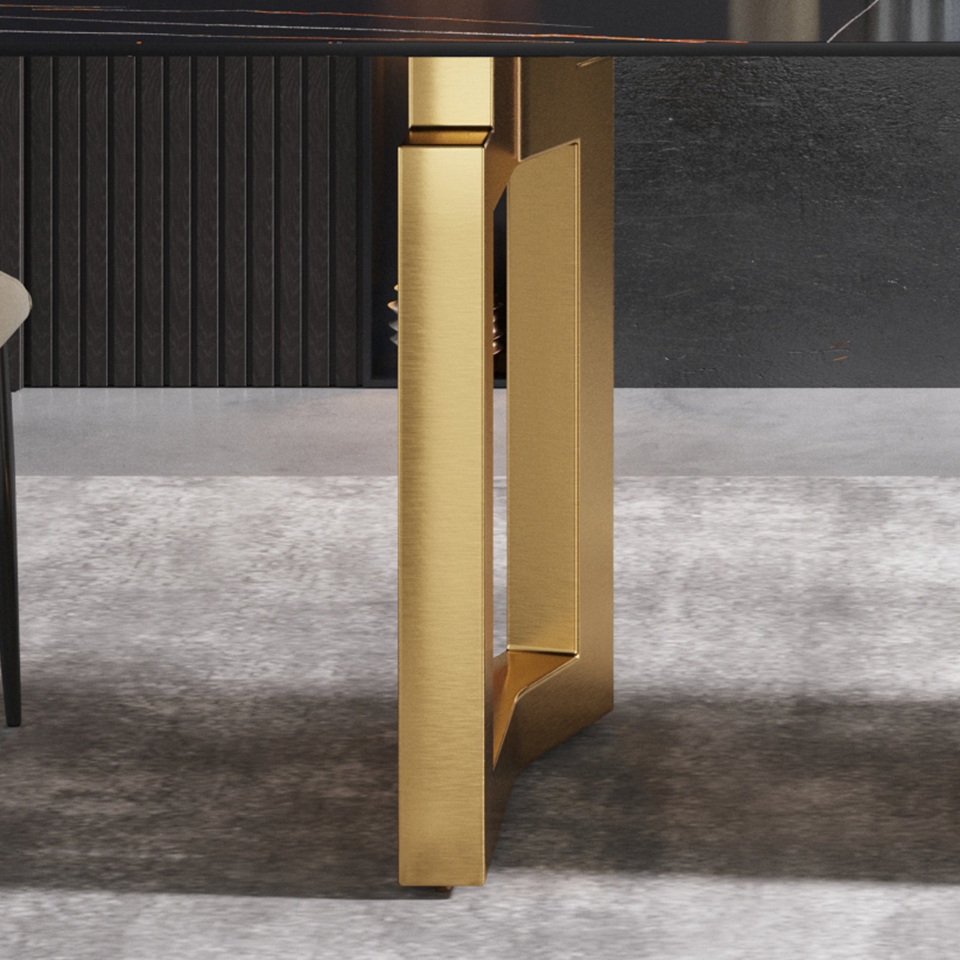 63"Modern Artificial Stone Black Straight Edge Golden Metal Leg Dining Table 6 People Black Metal Sintered Stone