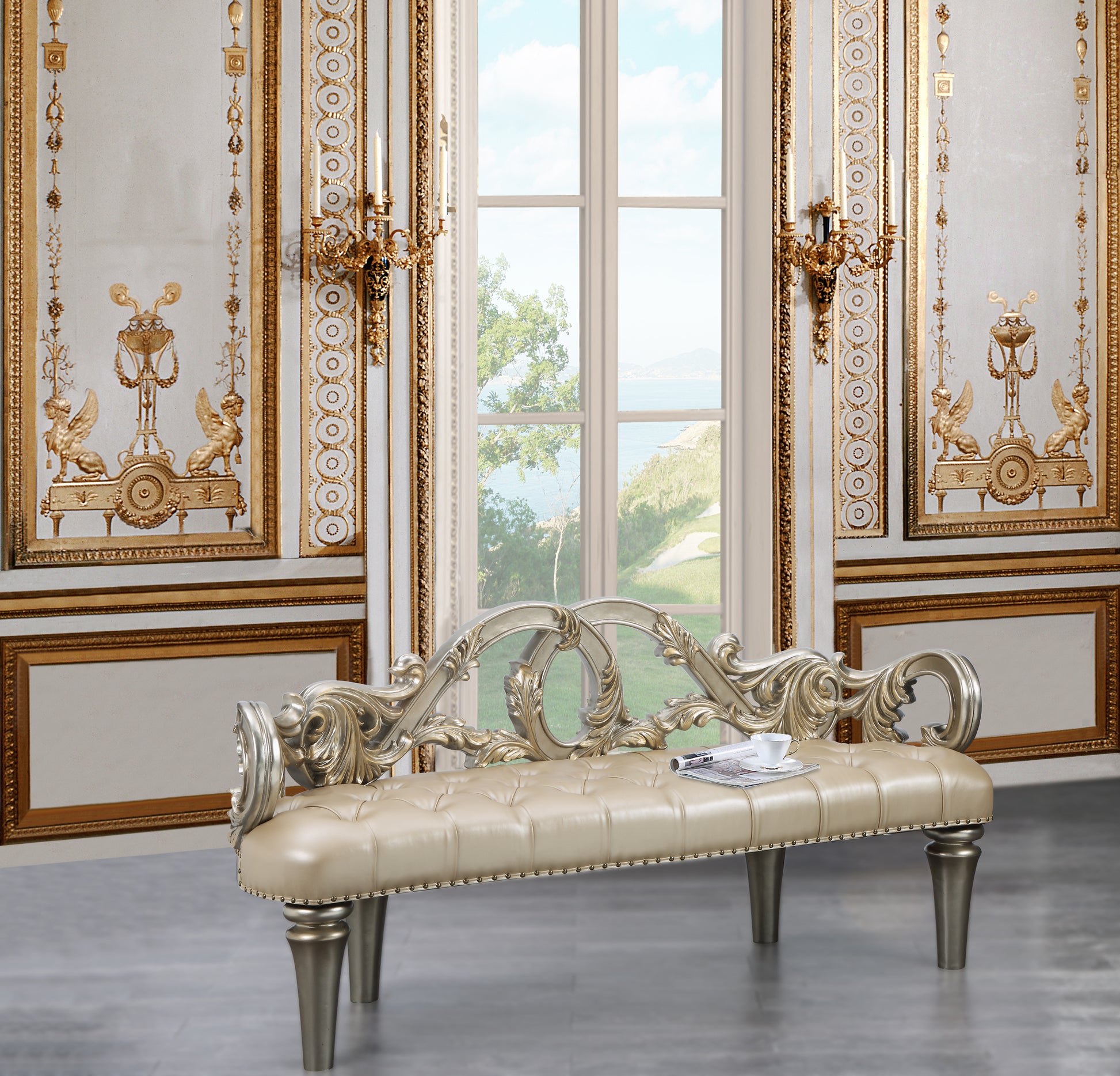Danae Bench Champagne Pu & Gold Finish Bd01239 Gold Pu