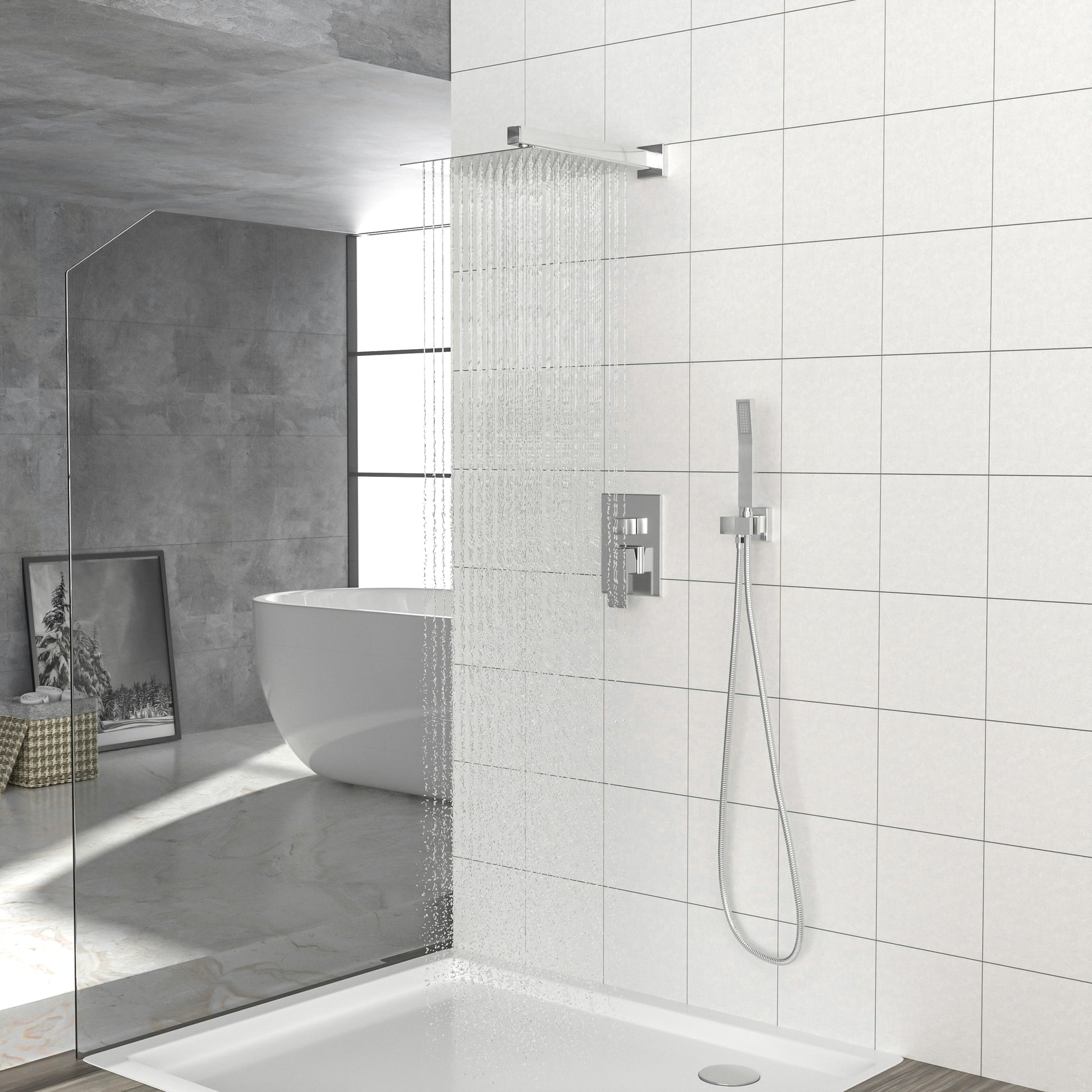Dual Shower Head 10 Inch Wall Mounted Square Shower System With Rough In Valve,Chrome Chrome Stainless Steel