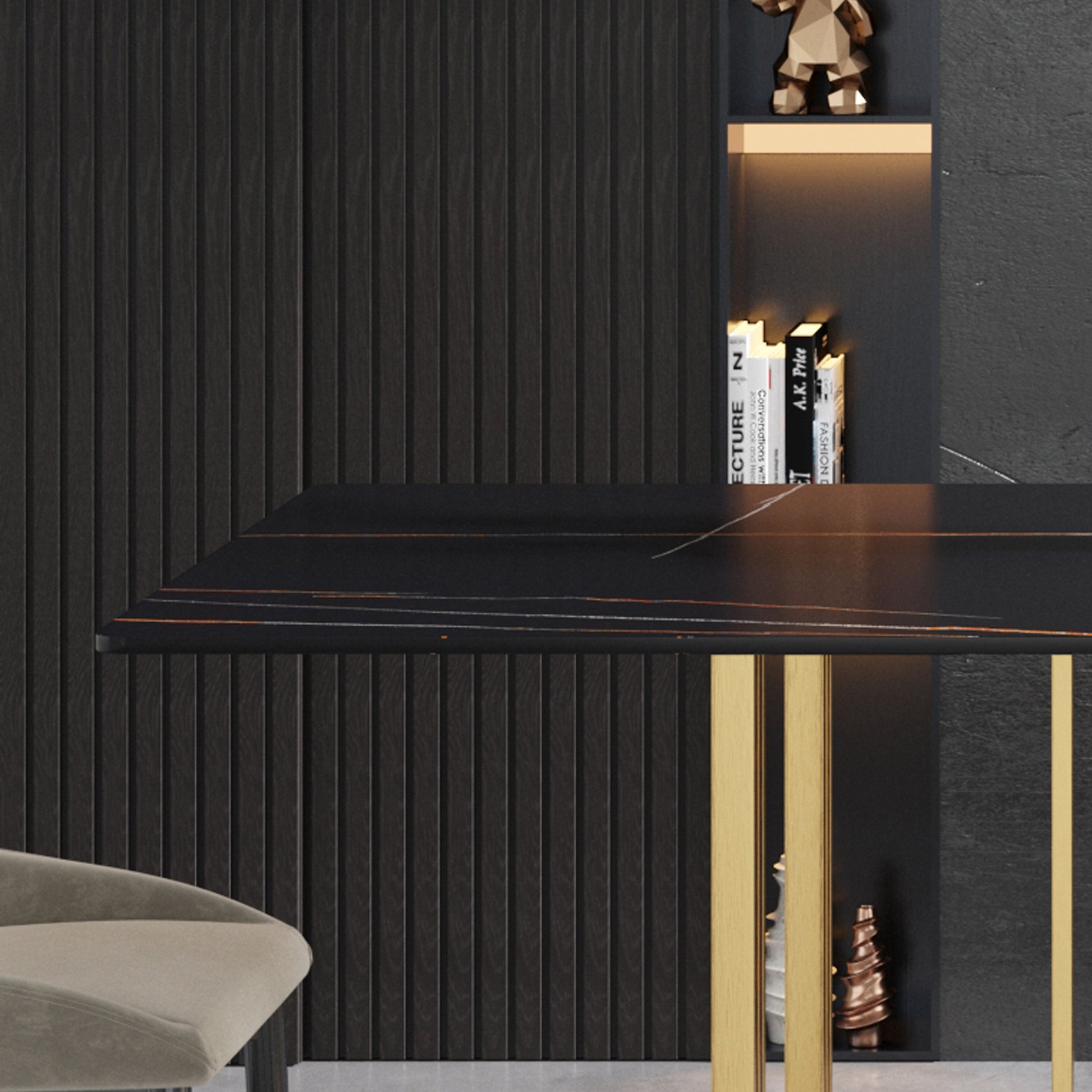 63"Modern Artificial Stone Black Straight Edge Golden Metal Leg Dining Table 6 People Black Metal Sintered Stone