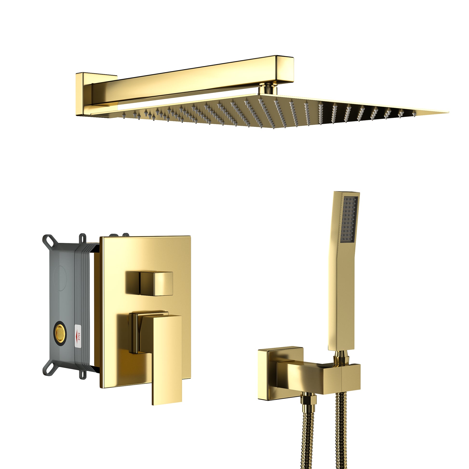 Dual Shower Head 12 Inch Wall Mounted Square Shower System With Rough In Valve,Gold Gold Stainless Steel