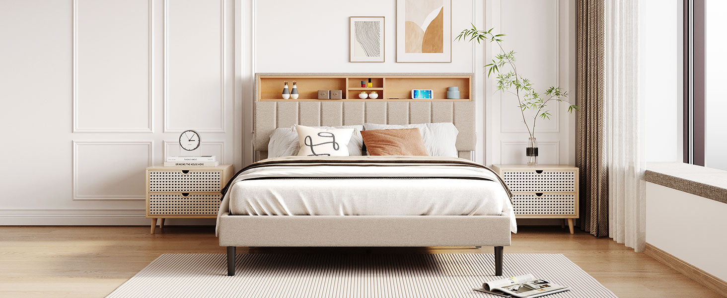 Queen Size Upholstered Platform Bed With Storage Headboard And Usb Port, Linen Fabric Upholstered Bed Beige Beige Linen