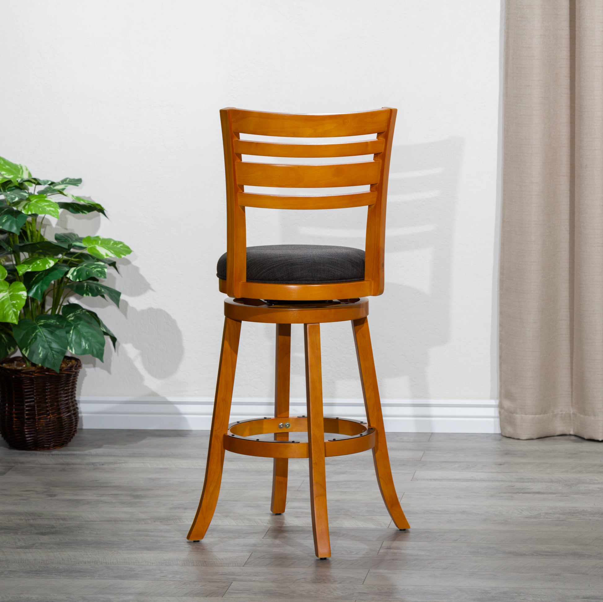 30" Bar Height Slat Back Swivel Stool, Natural Finish, Charcoal Fabric Seat Natural Fabric