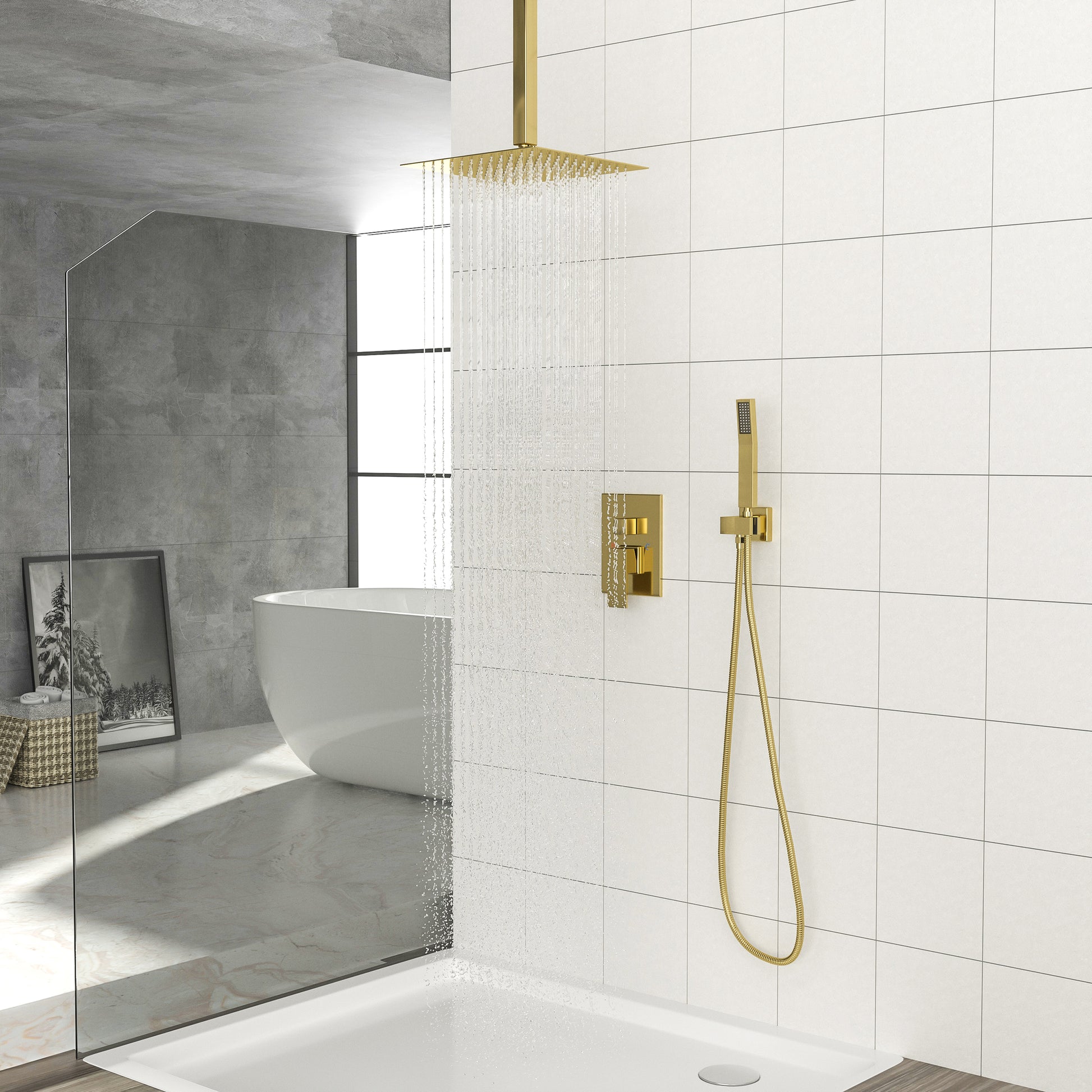 Dual Shower Head 10 Inch Ceiling Mount Square Shower System With Rough In Valve, Gold Gold Stainless Steel