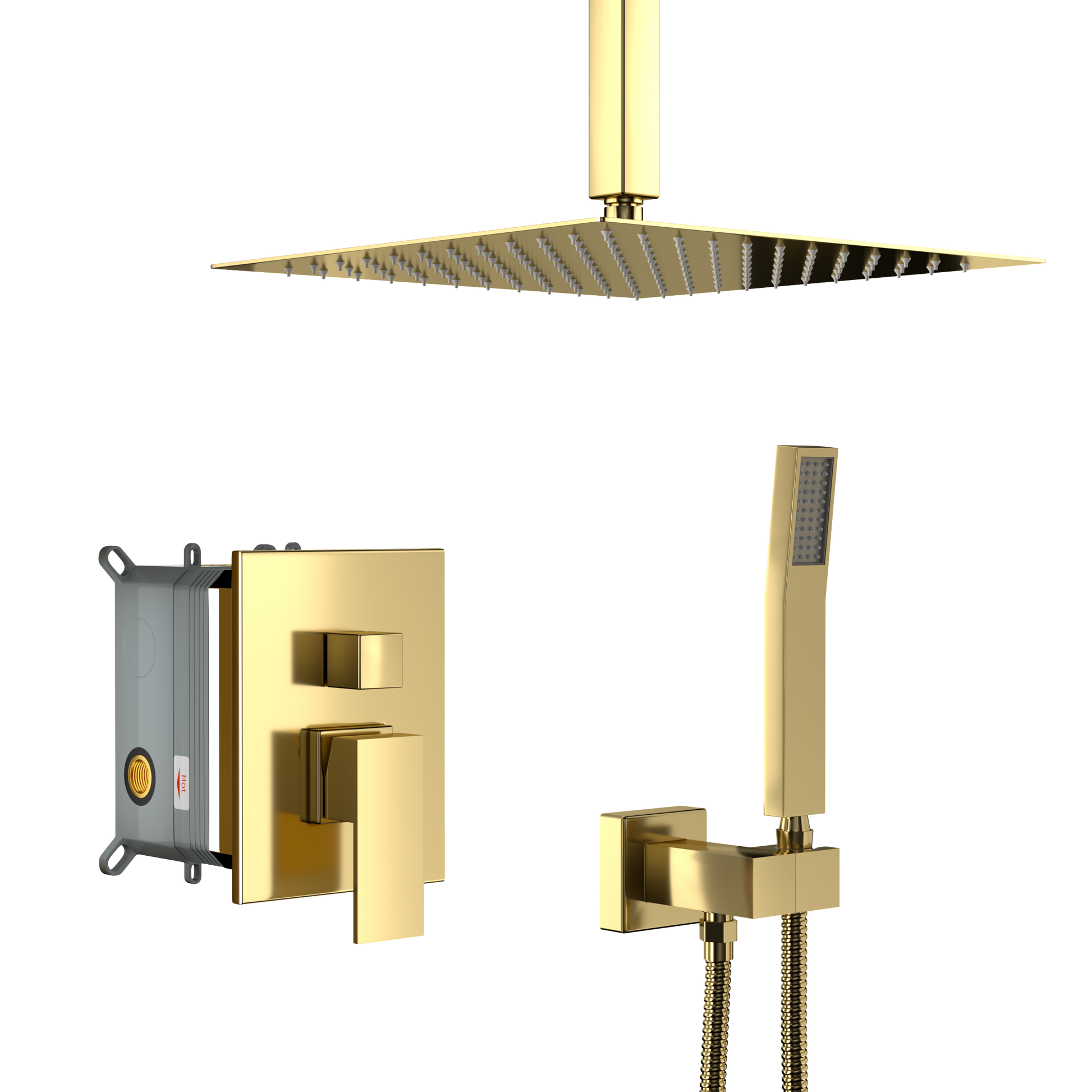 Dual Shower Head 10 Inch Ceiling Mount Square Shower System With Rough In Valve, Gold Gold Stainless Steel