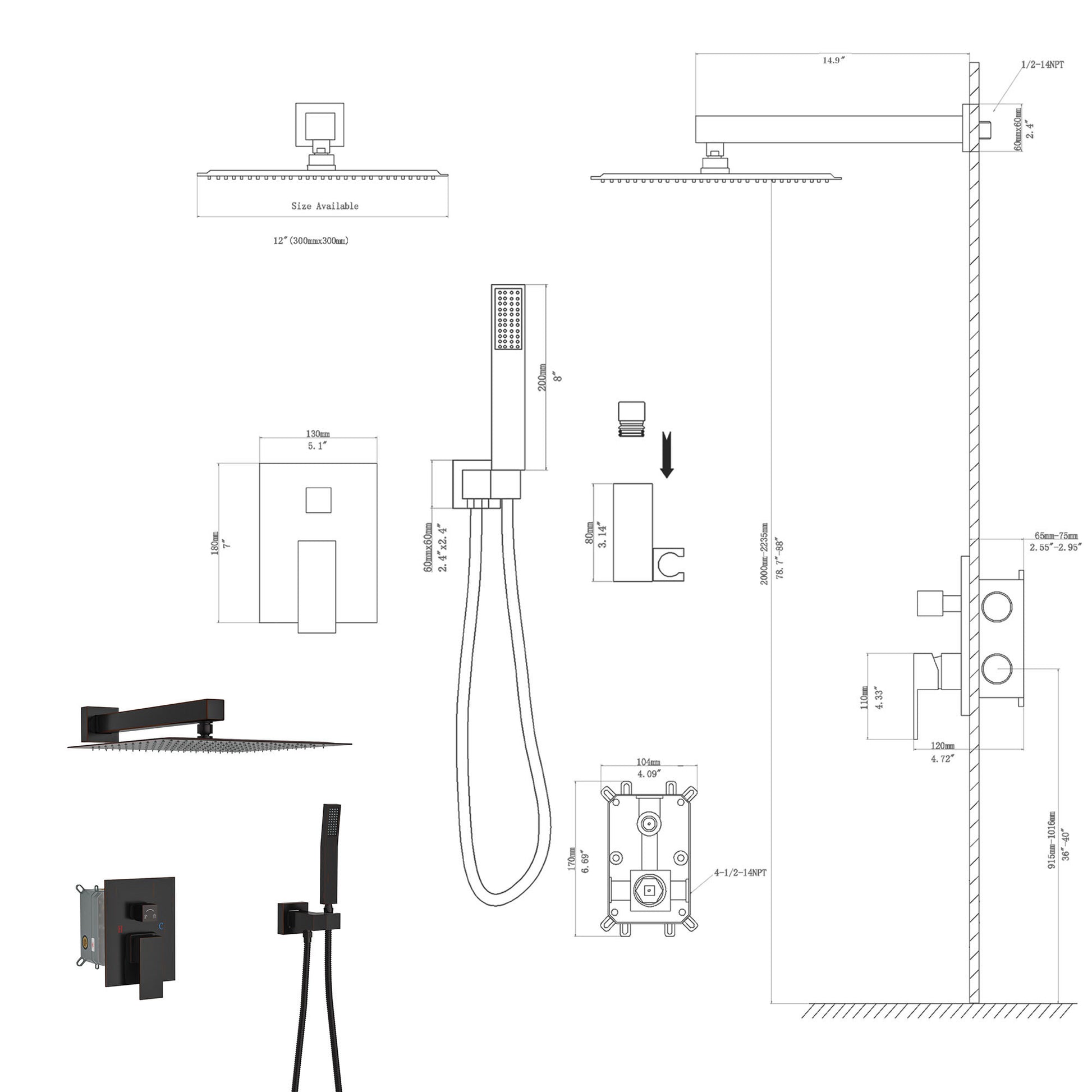 Dual Shower Head 12 Inch Wall Mounted Square Shower System With Rough In Valve, Oil Rubber Bronze Oil Rubbed Bronze Stainless Steel