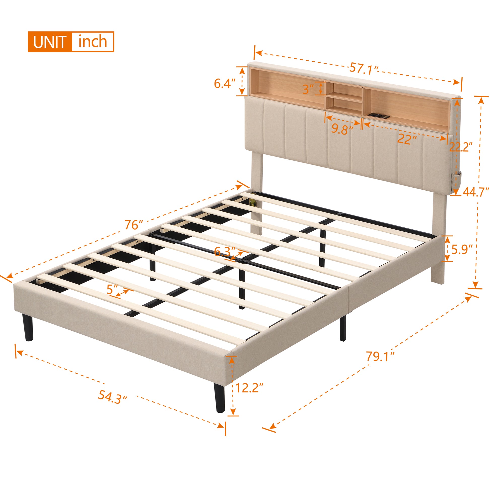 Full Size Upholstered Platform Bed With Storage Headboard And Usb Port, Linen Fabric Upholstered Bed Beige Beige Linen