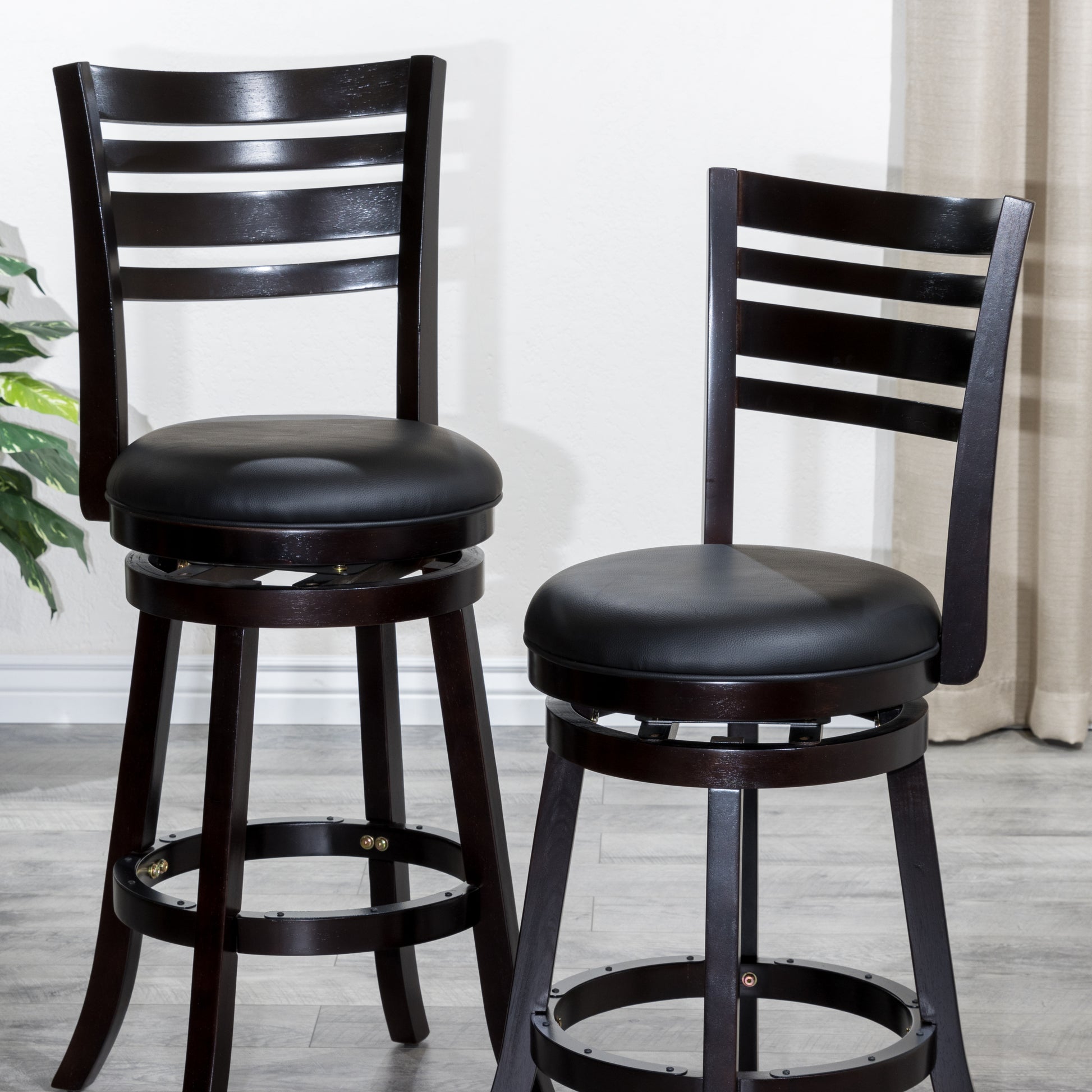 24" Counter Height Slat Back Swivel Stool, Espresso Finish, Black Leather Seat Espresso Bonded Leather