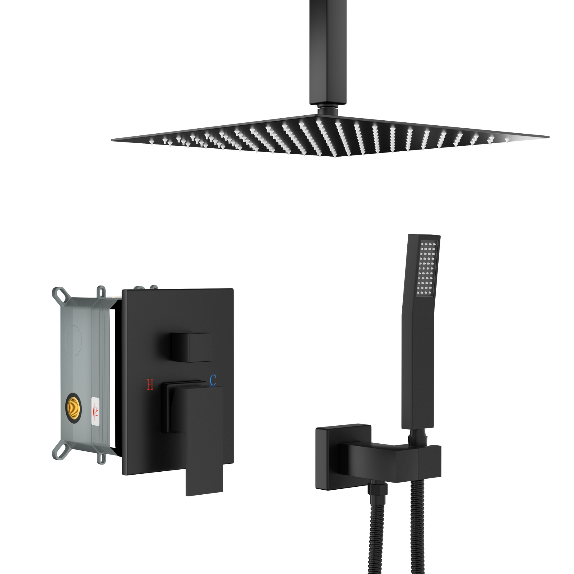 Dual Shower Head 10 Inch Ceiling Mount Square Shower System With Rough In Valve,Matte Black Matte Black Stainless Steel