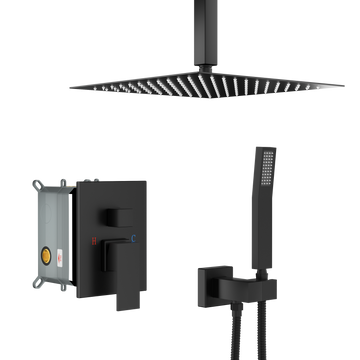 Dual Shower Head 16 Inch Ceiling Mount Square Shower System With Rough In Valve, Matte Black Matte Black Stainless Steel