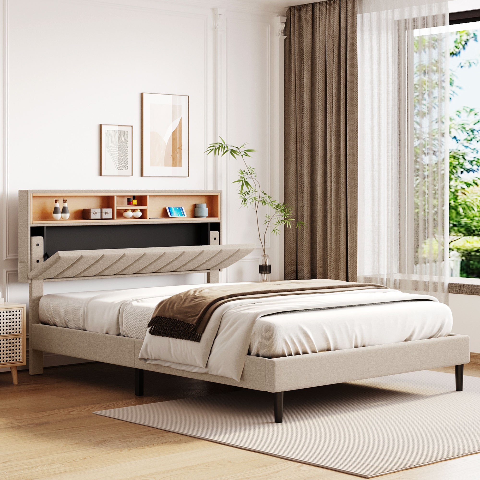 Queen Size Upholstered Platform Bed With Storage Headboard And Usb Port, Linen Fabric Upholstered Bed Beige Beige Linen