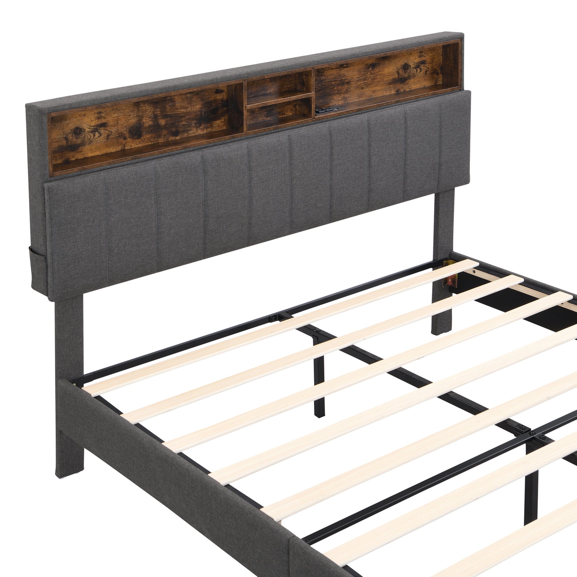 Queen Size Upholstered Platform Bed With Storage Headboard And Usb Port, Linen Fabric Upholstered Bed Gray Gray Linen