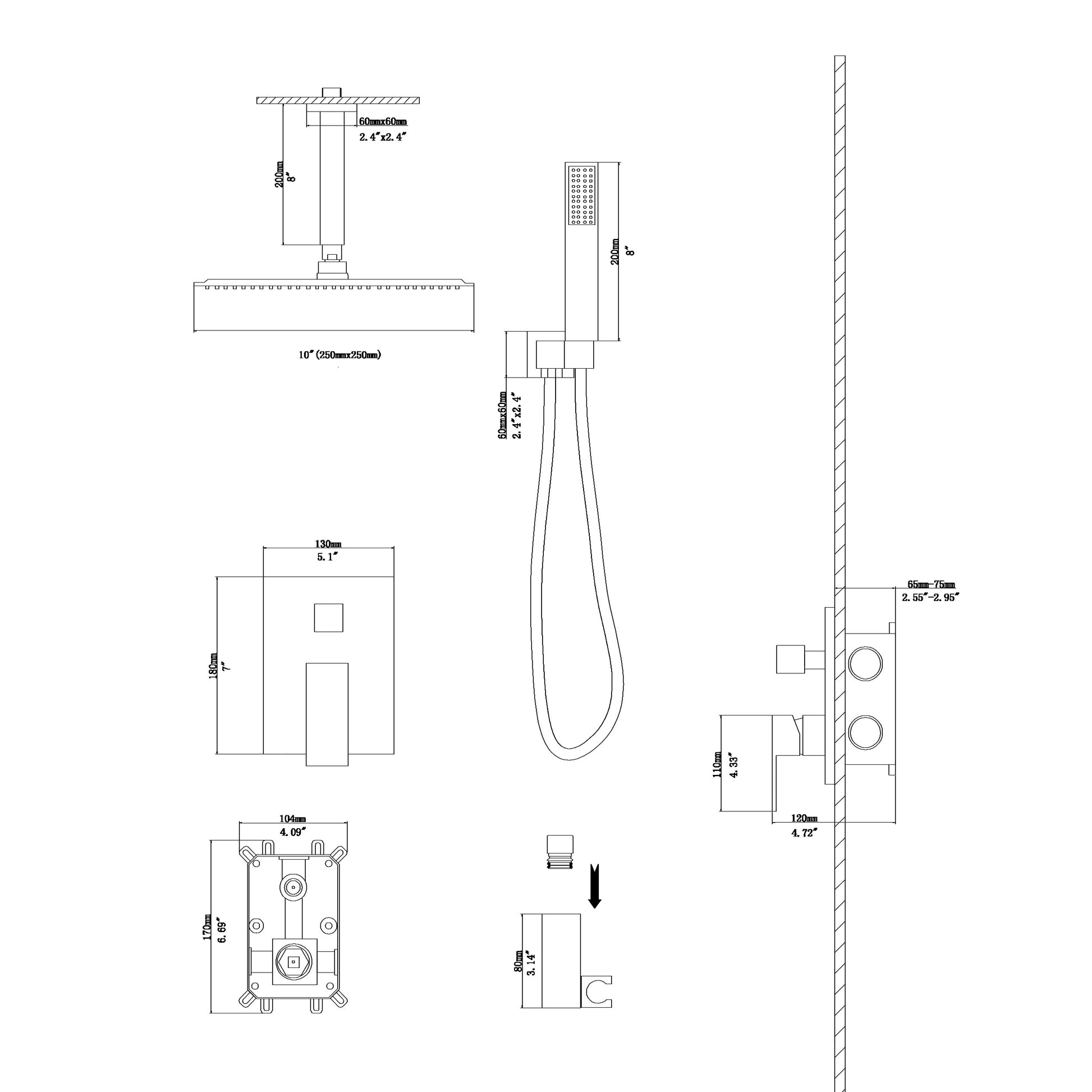 Dual Shower Head 10 Inch Ceiling Mount Square Shower System With Rough In Valve,Matte Black Matte Black Stainless Steel