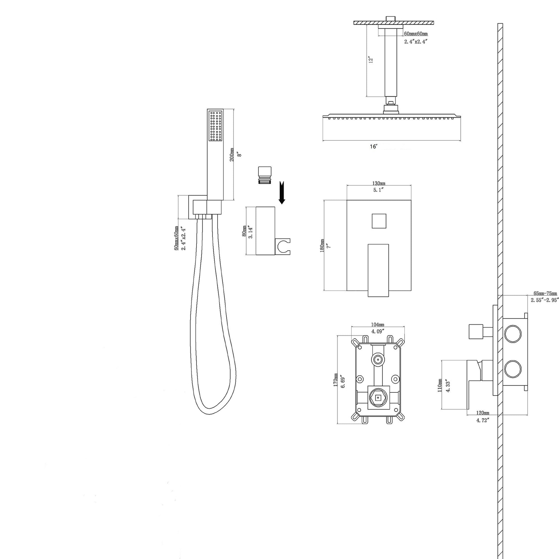 Dual Shower Head 16 Inch Ceiling Mount Square Shower System With Rough In Valve, Gold Gold Stainless Steel