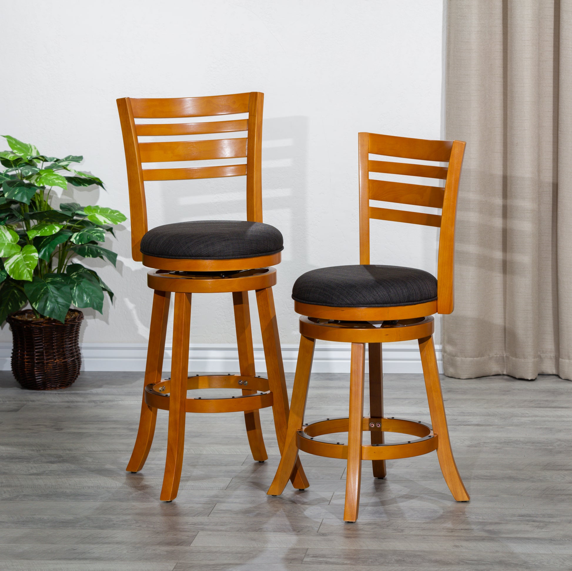 30" Bar Height Slat Back Swivel Stool, Natural Finish, Charcoal Fabric Seat Natural Fabric