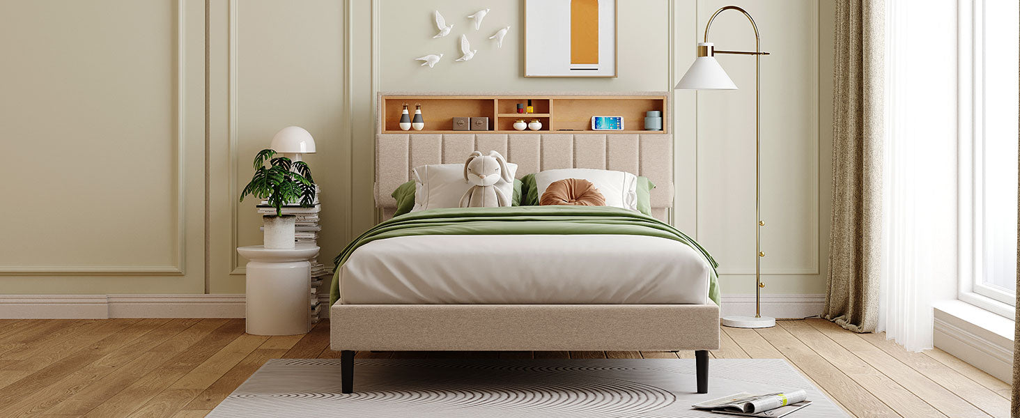 Full Size Upholstered Platform Bed With Storage Headboard And Usb Port, Linen Fabric Upholstered Bed Beige Beige Linen