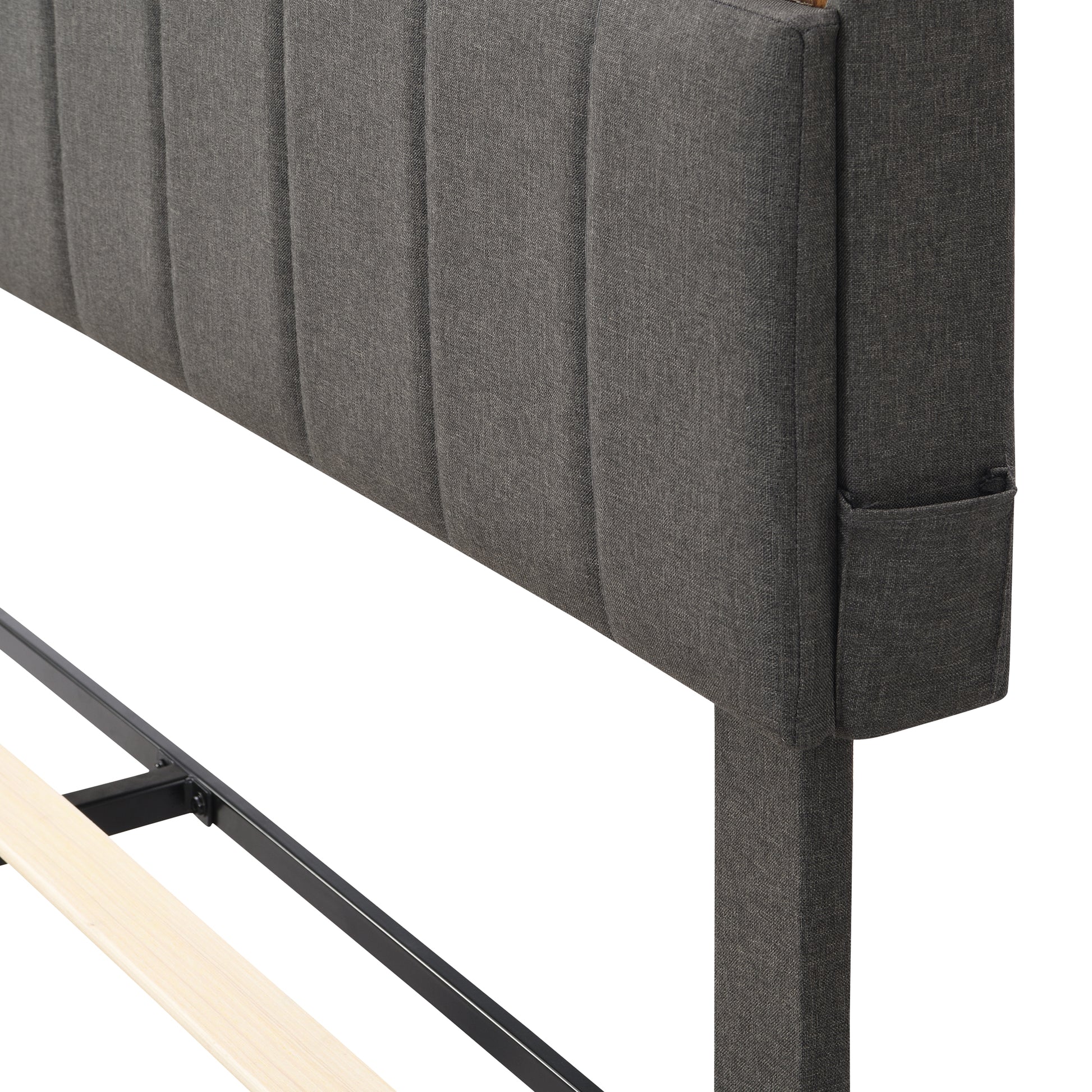 Full Size Upholstered Platform Bed With Storage Headboard And Usb Port, Linen Fabric Upholstered Bed Gray Gray Linen