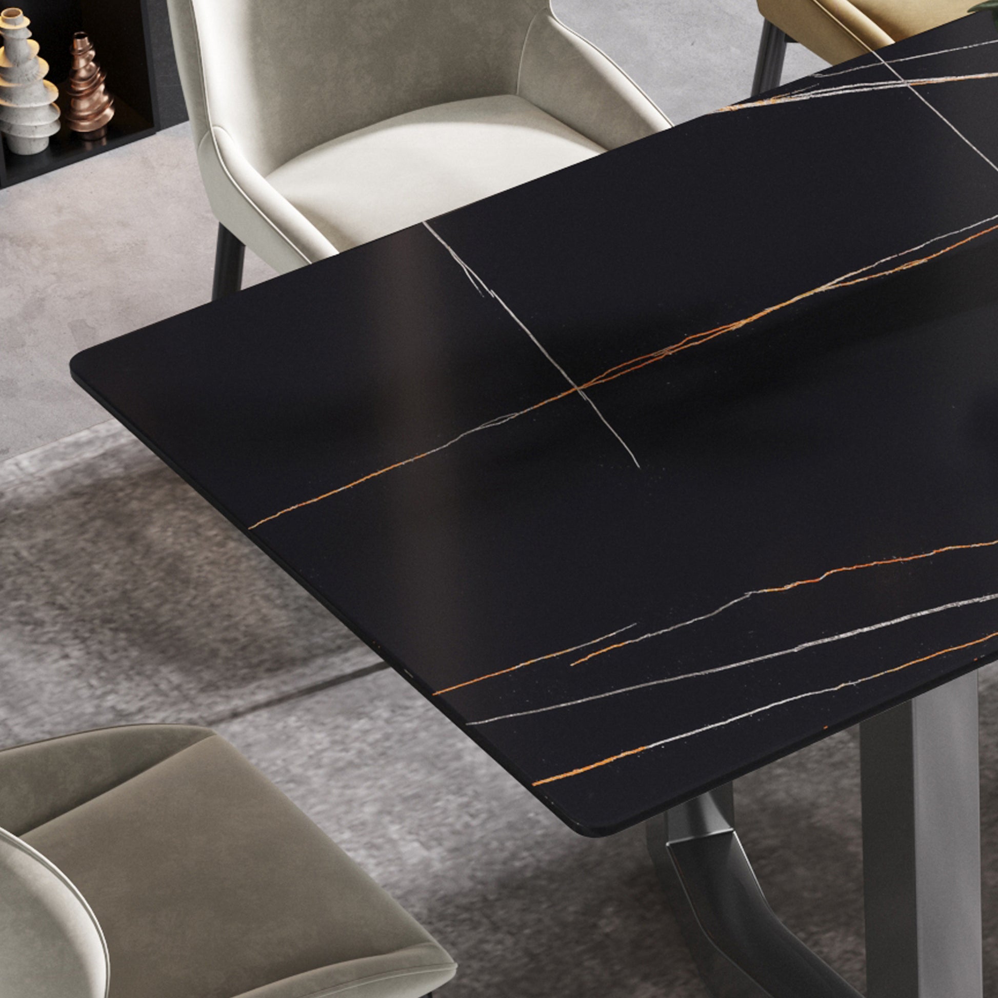 63"Modern Artificial Stone Black Straight Edge Black Metal Leg Dining Table 6 People Black Metal Sintered Stone