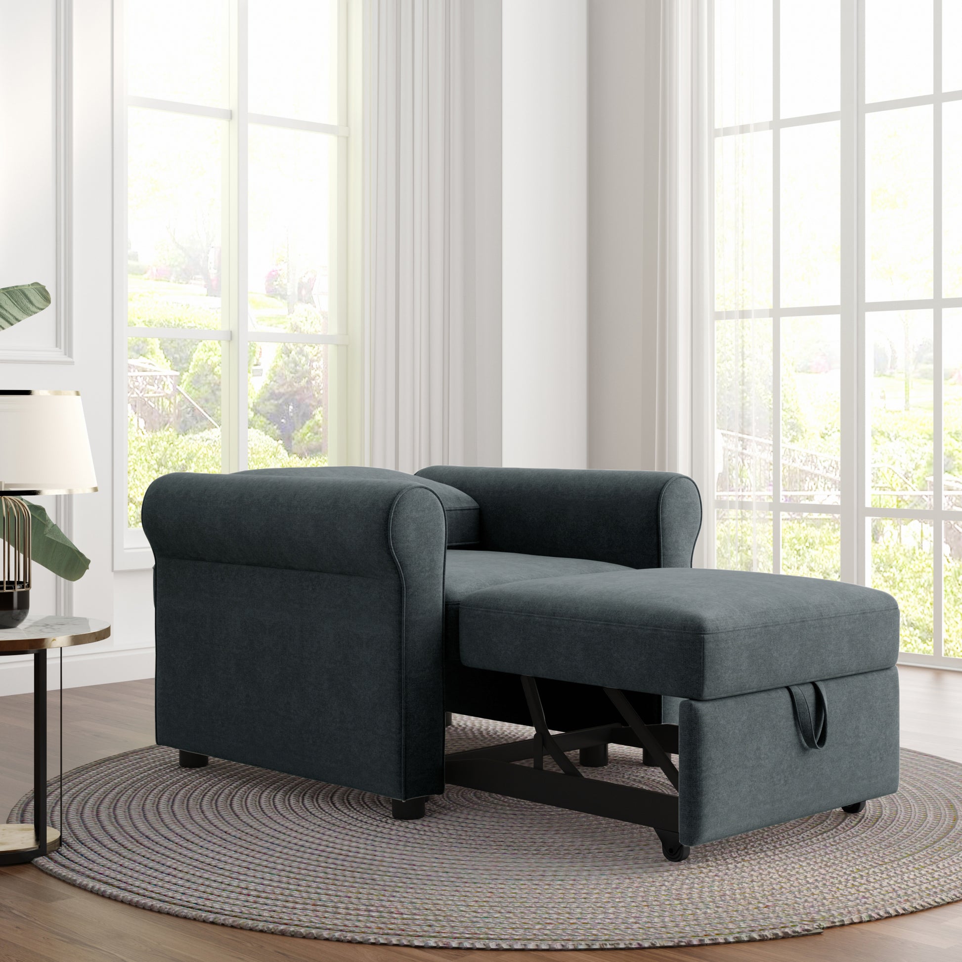 3 In 1 Sofa Bed Chair, Convertible Sleeper Chair Bed,Adjust Backrest Into A Sofa,Lounger Chair,Single Bed,Modern Chair Bed Sleeper For Adults,Deep Blue Old Sku:Wf301161Aad Dark Blue Linen