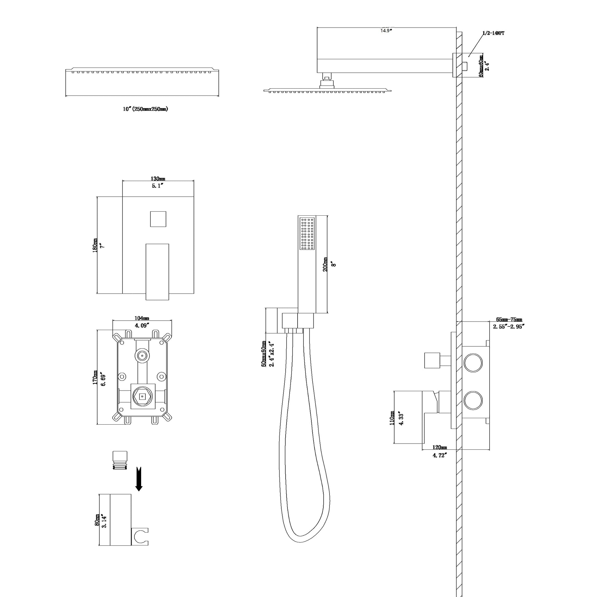 Dual Shower Head 10 Inch Wall Mounted Square Shower System With Rough In Valve,Chrome Chrome Stainless Steel