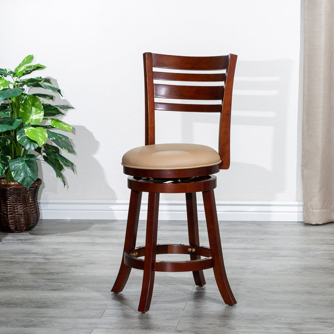 24" Counter Height Slat Back Swivel Stool, Cherry Finish, Bone Leather Seat Cherry Bonded Leather