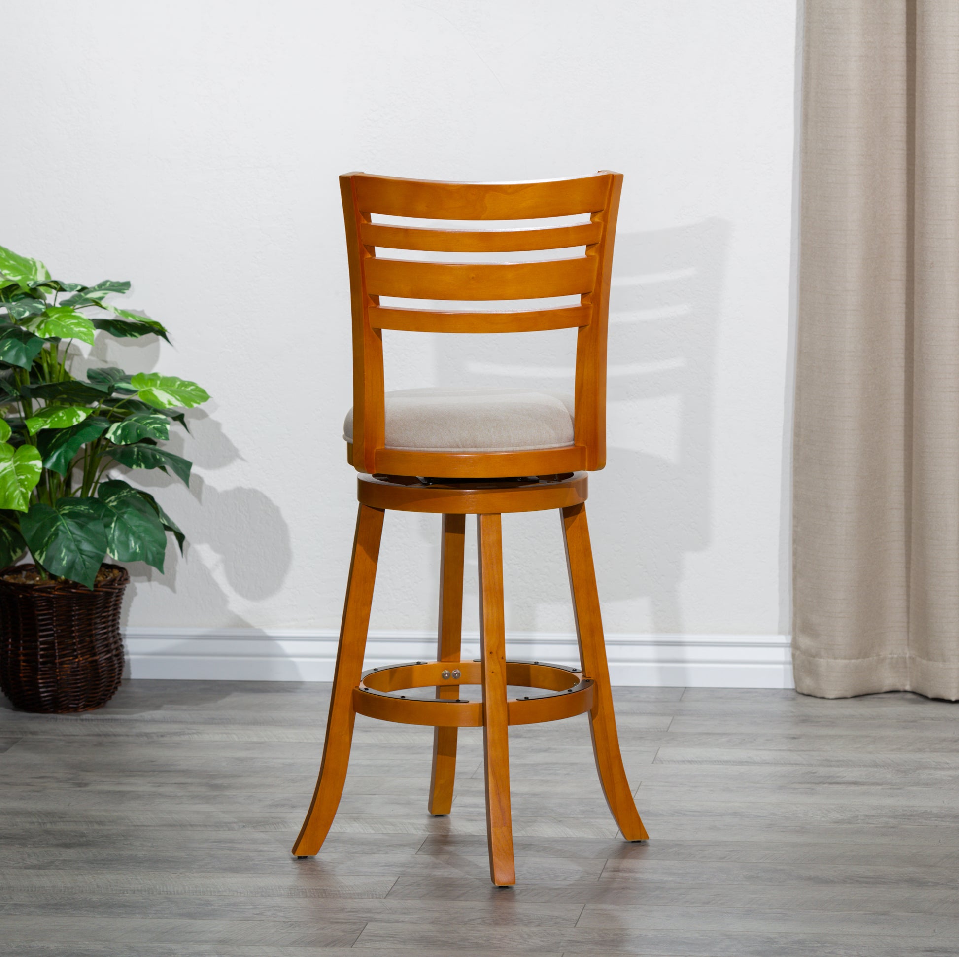 30" Bar Height Slat Back Swivel Stool, Natural Finish, Beige Fabric Seat Natural Fabric