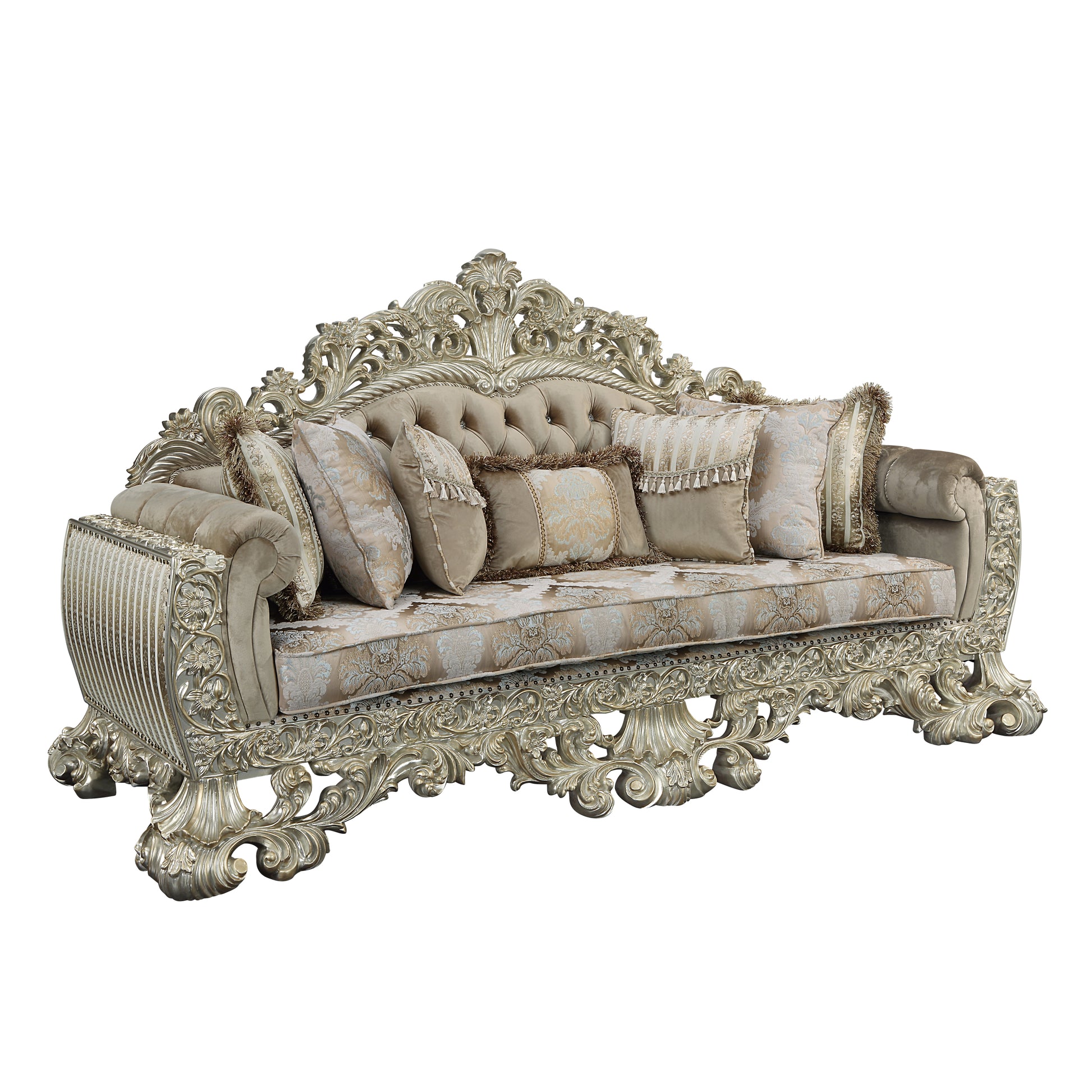 Sorina Sofa W 7 Pillows Velvet, Fabric & Antique Gold Finish Lv01205 Gold Solid Wood