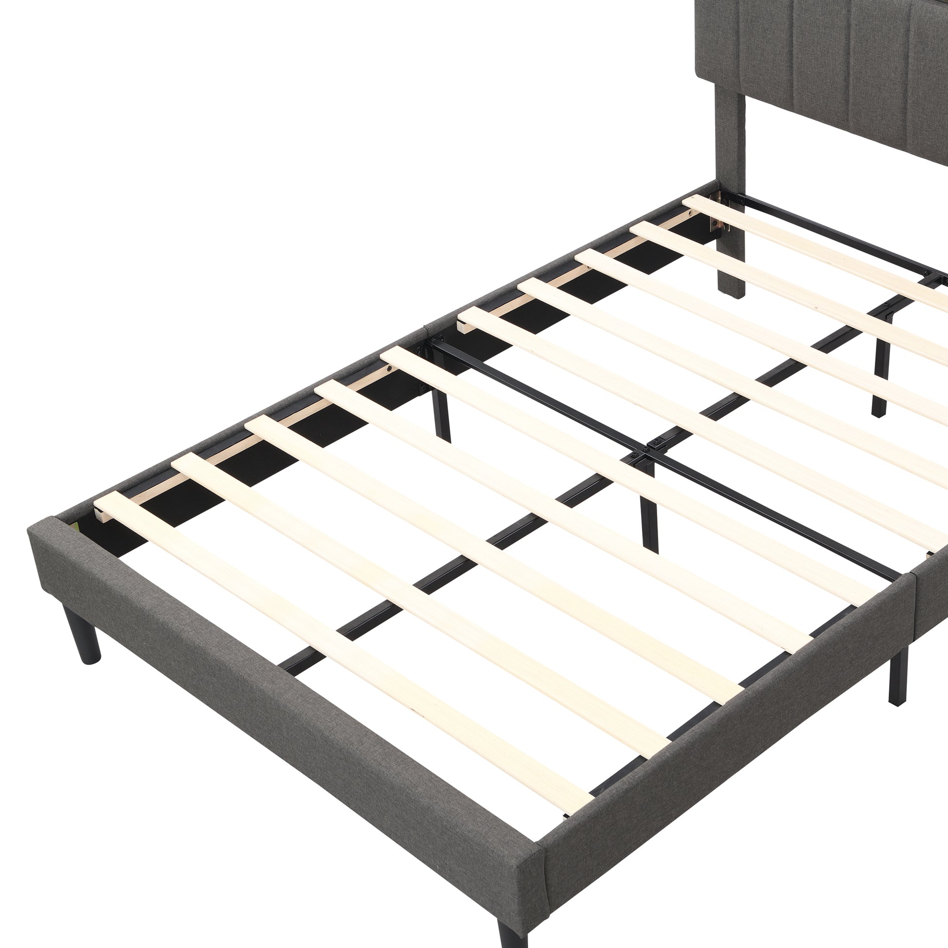 Full Size Upholstered Platform Bed With Storage Headboard And Usb Port, Linen Fabric Upholstered Bed Gray Gray Linen
