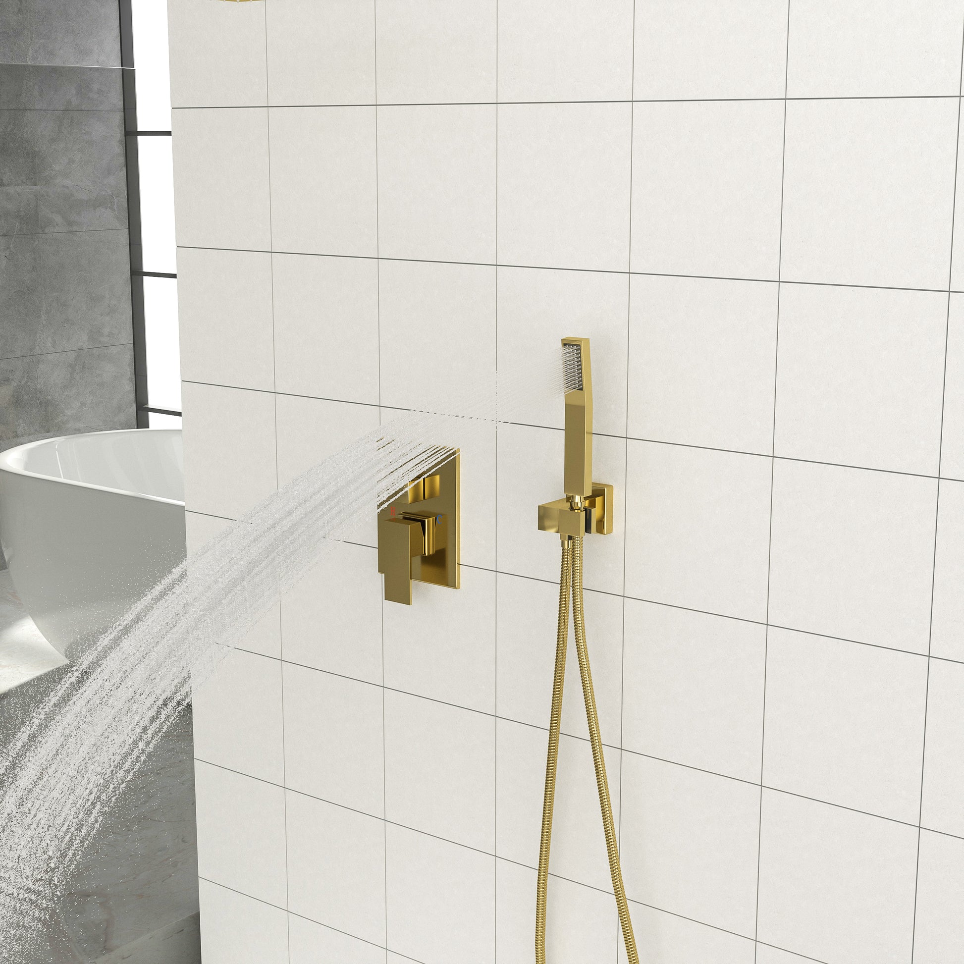 Dual Shower Head 10 Inch Ceiling Mount Square Shower System With Rough In Valve, Gold Gold Stainless Steel