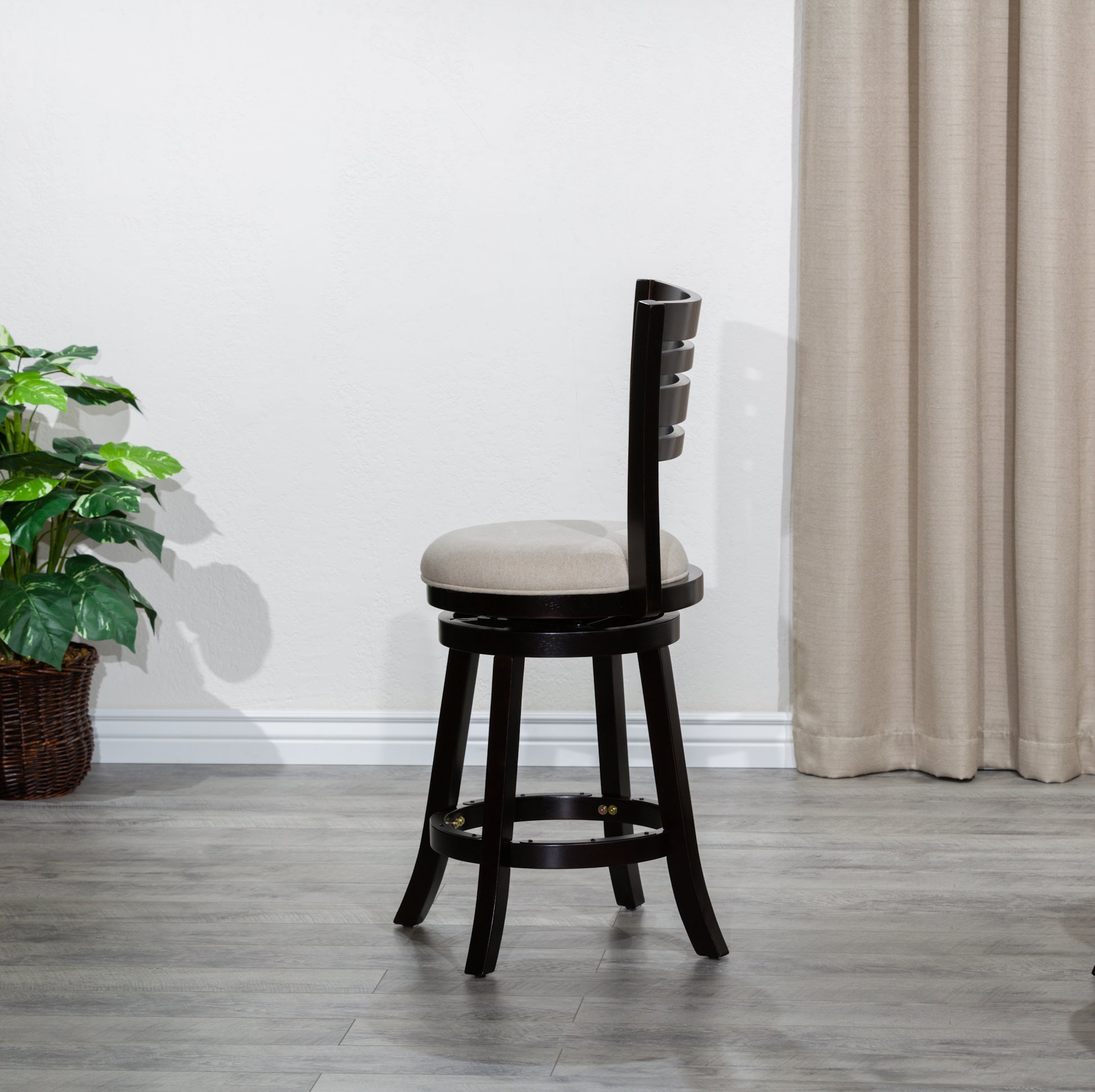 24" Counter Height Slat Back Swivel Stool, Espresso Finish, Beige Fabric Seat Espresso Fabric