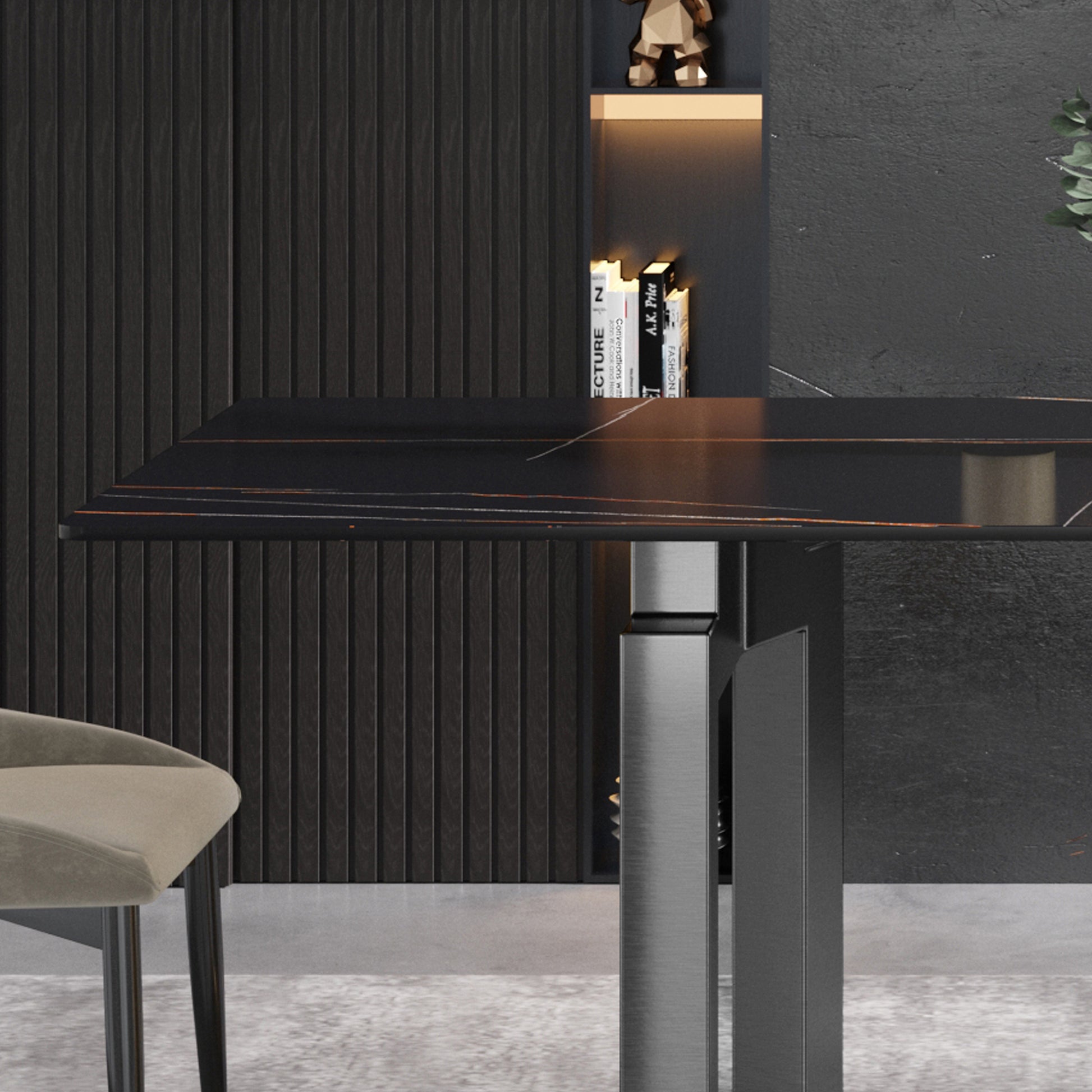 63"Modern Artificial Stone Black Straight Edge Black Metal Leg Dining Table 6 People Black Metal Sintered Stone