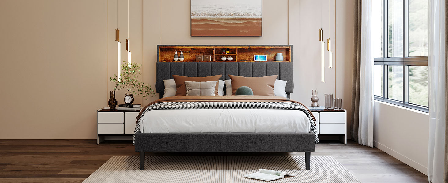 Queen Size Upholstered Platform Bed With Storage Headboard And Usb Port, Linen Fabric Upholstered Bed Gray Gray Linen