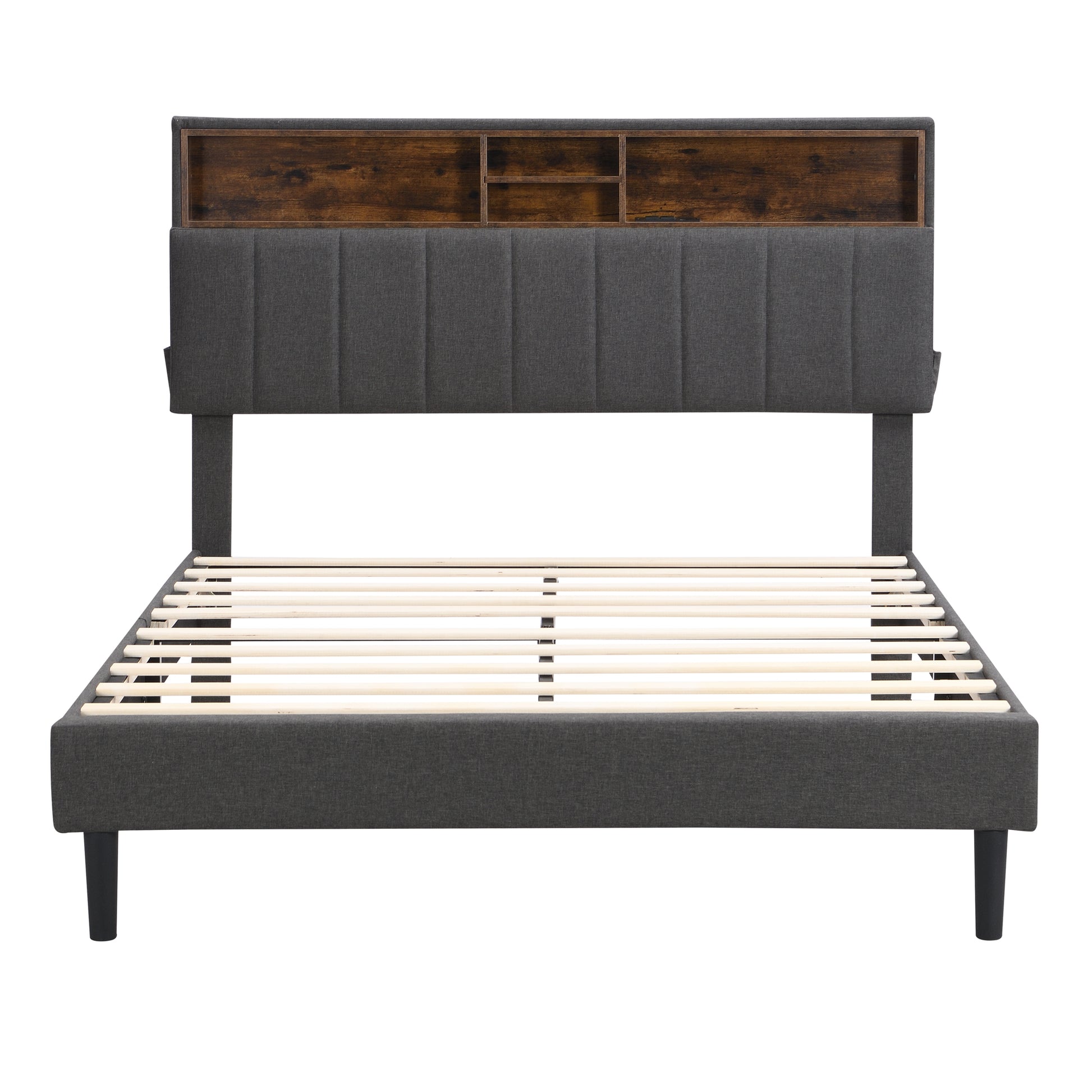Full Size Upholstered Platform Bed With Storage Headboard And Usb Port, Linen Fabric Upholstered Bed Gray Gray Linen